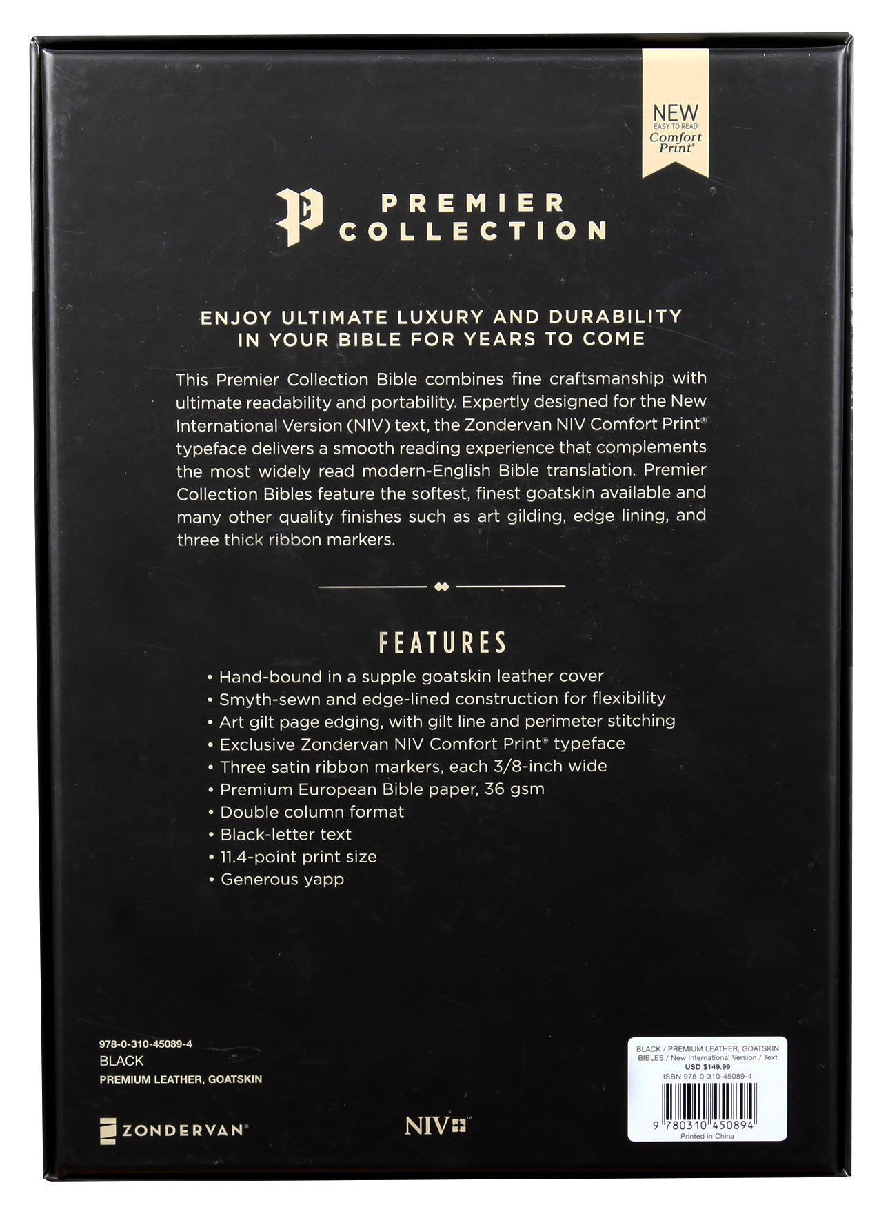 NIV Thinline Bible Large Print Black Premier Collection (Black Letter Edition)