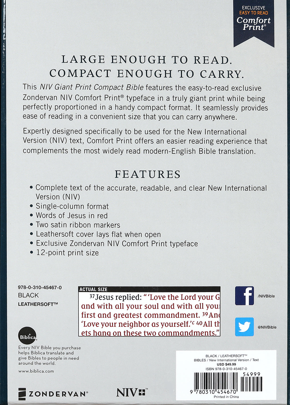 NIV Giant Print Compact Bible Black (Red Letter Edition)