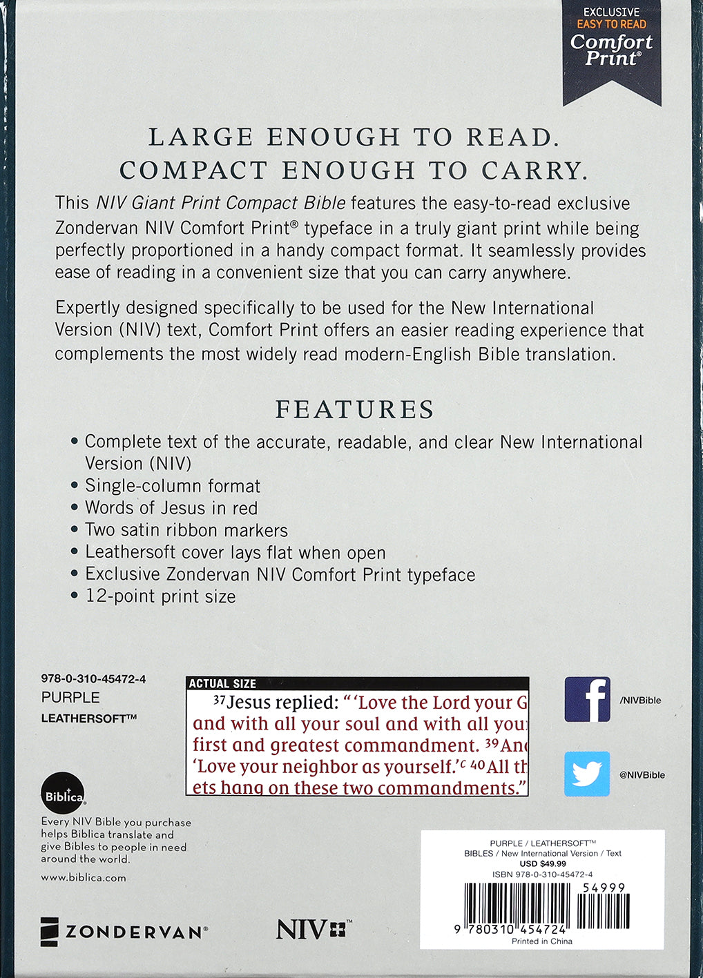 NIV Giant Print Compact Bible Purple (Red Letter Edition)