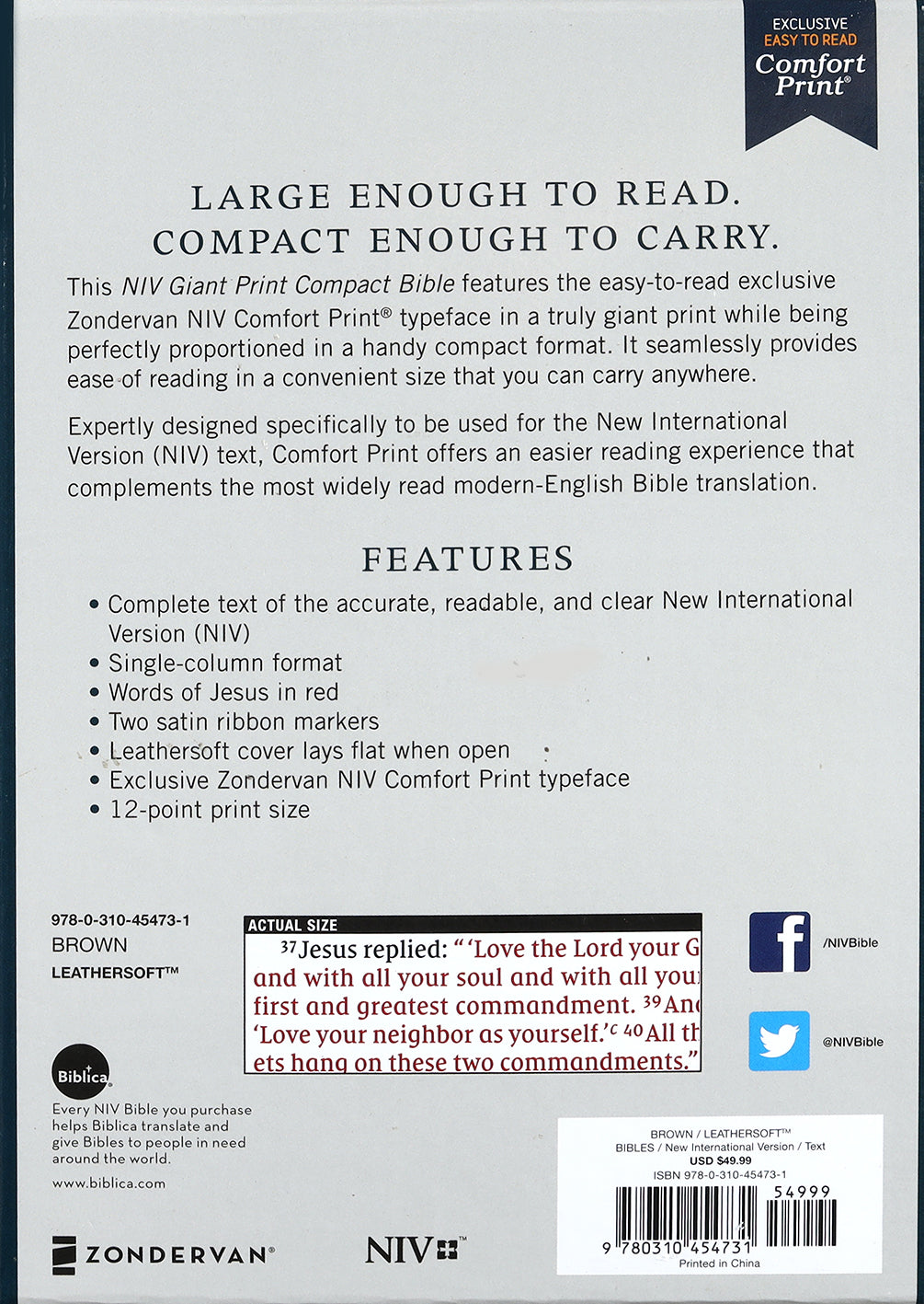 NIV Giant Print Compact Bible Brown (Red Letter Edition)