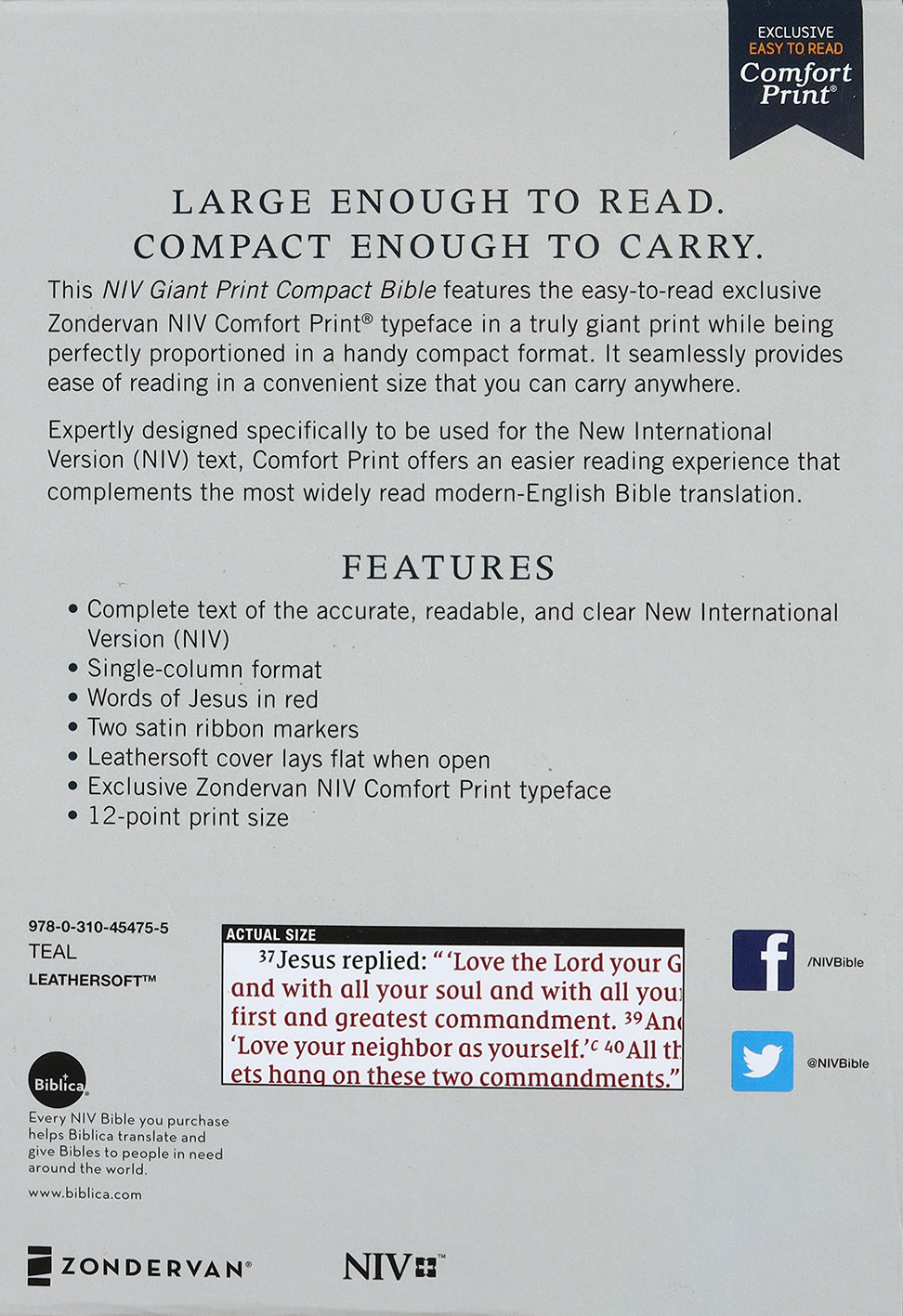 NIV Giant Print Compact Bible Teal (Red Letter Edition)