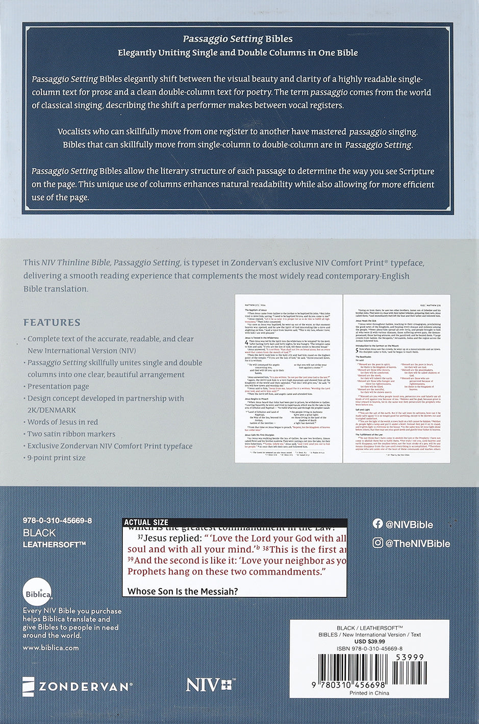 NIV Thinline Bible Passaggio Setting Black (Red Letter Edition)