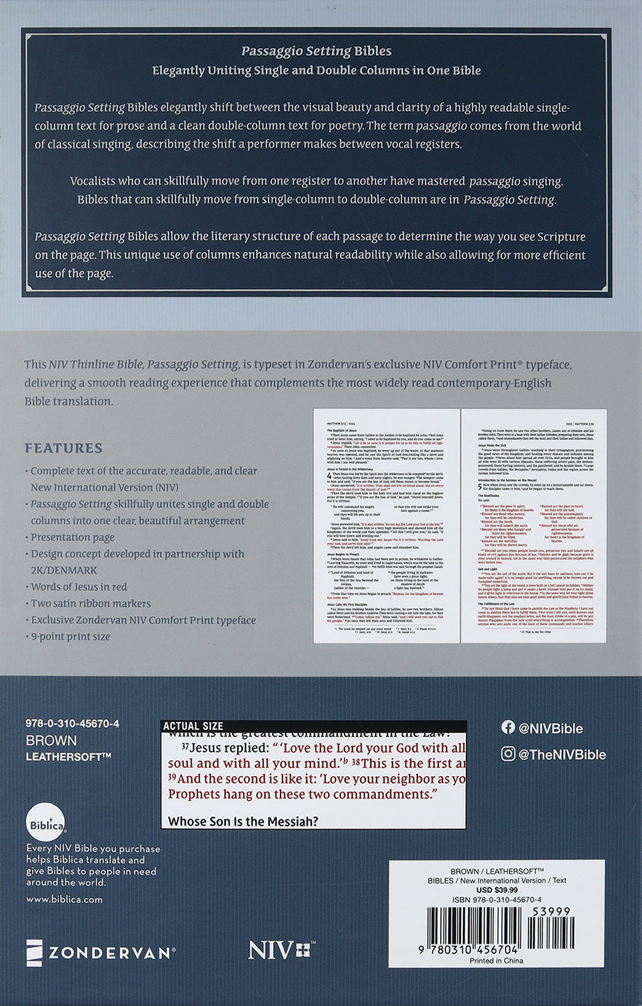 NIV Thinline Bible Passaggio Setting Brown (Red Letter Edition)