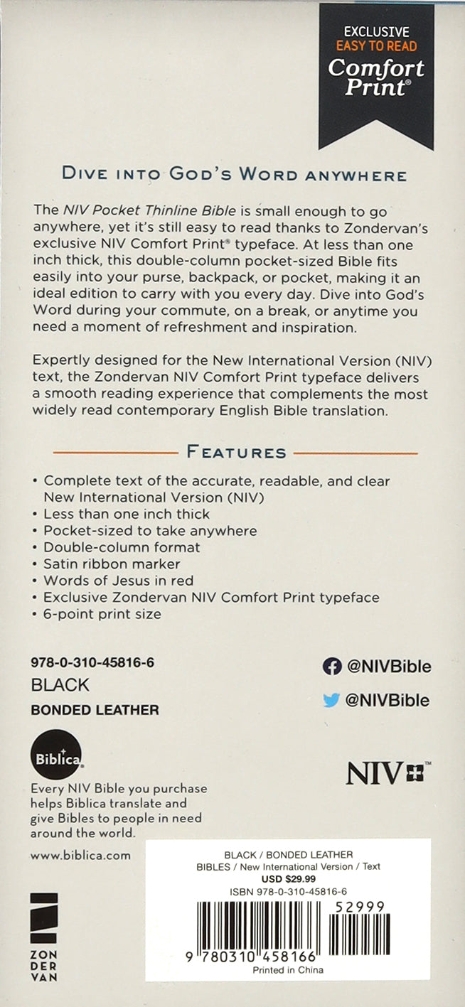 NIV Pocket Thinline Bible Black (Red Letter Edition)