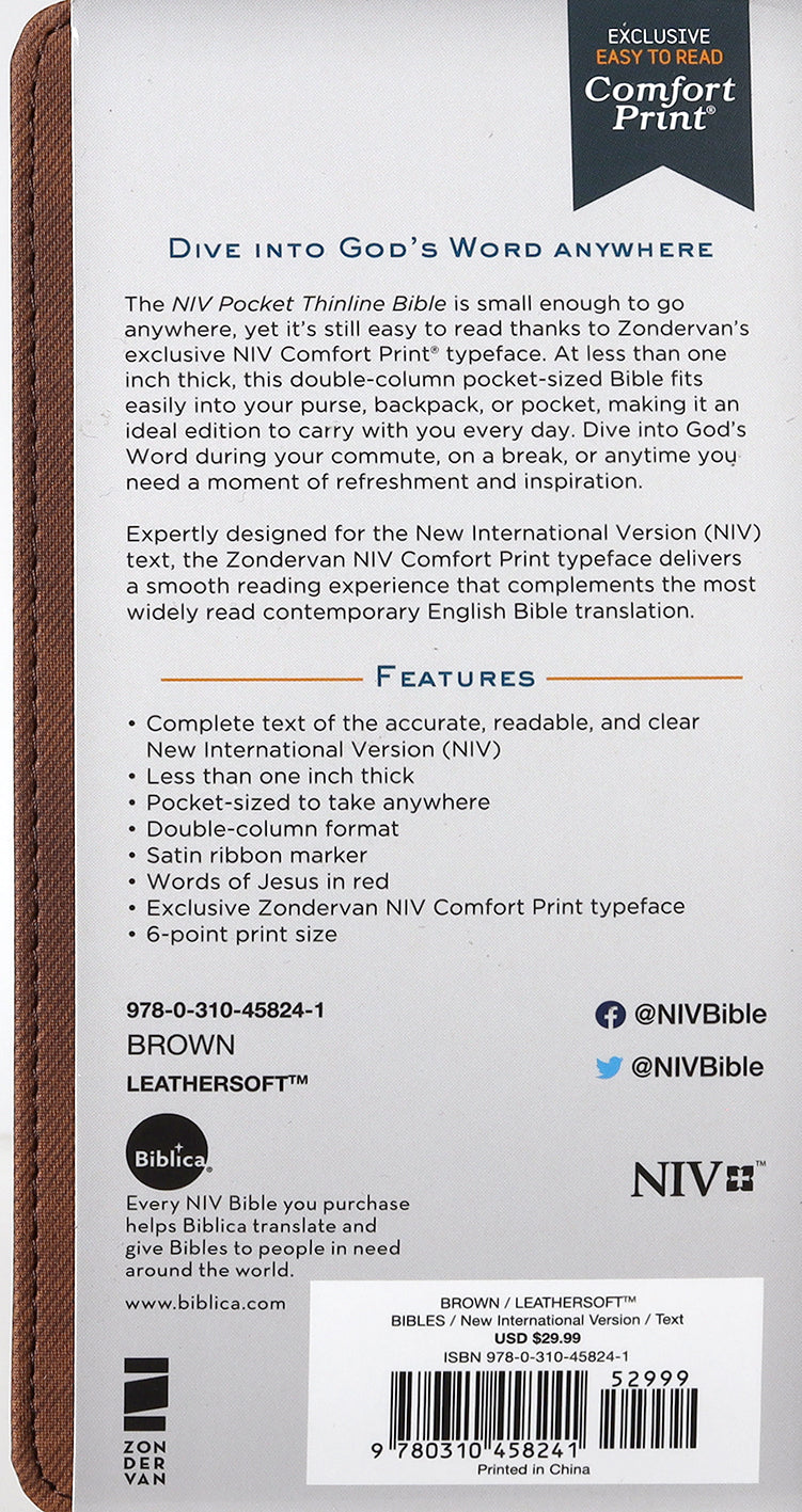 NIV Pocket Thinline Bible Brown (Red Letter Edition)