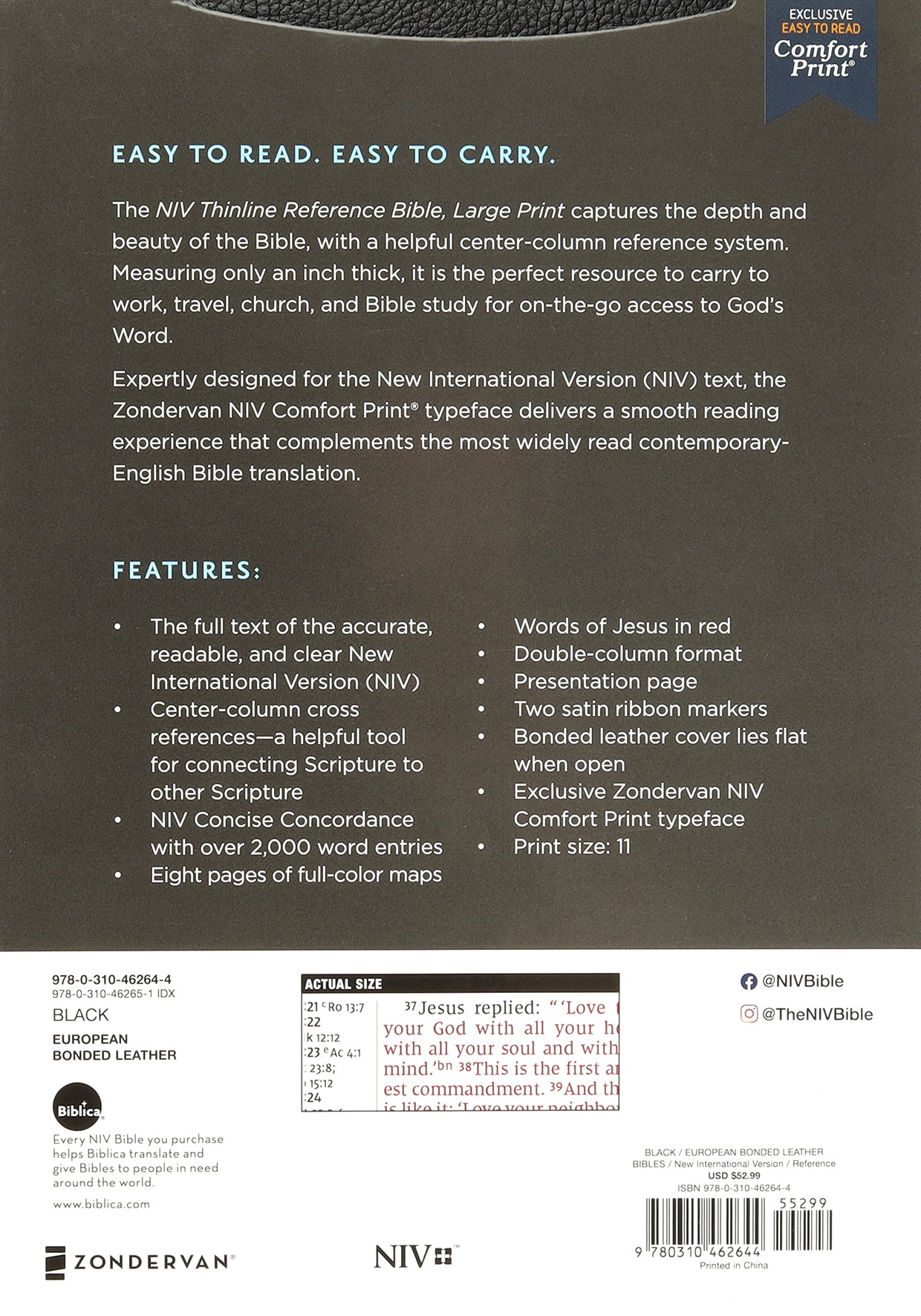 NIV Thinline Reference Bible Large Print Black (Red Letter Edition)