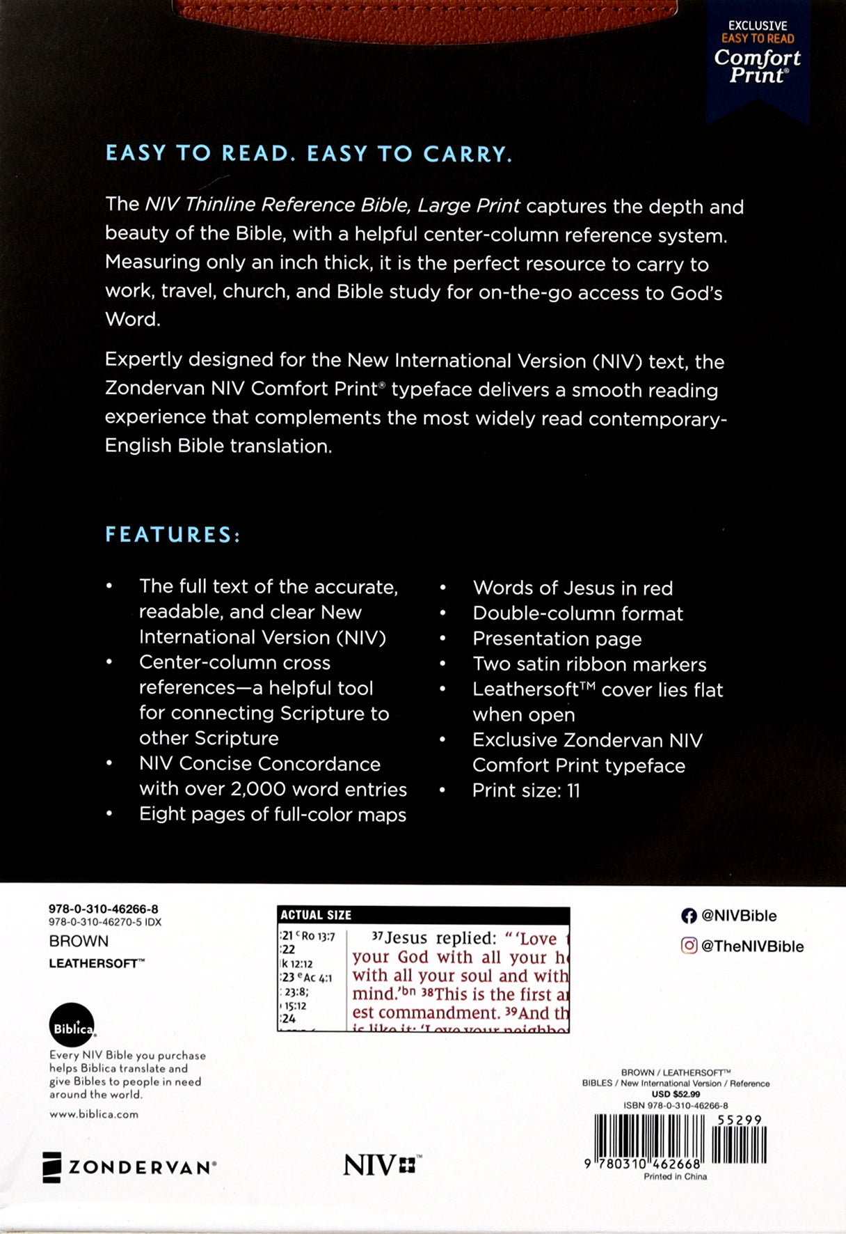 NIV Thinline Reference Bible Large Print Brown (Red Letter Edition)