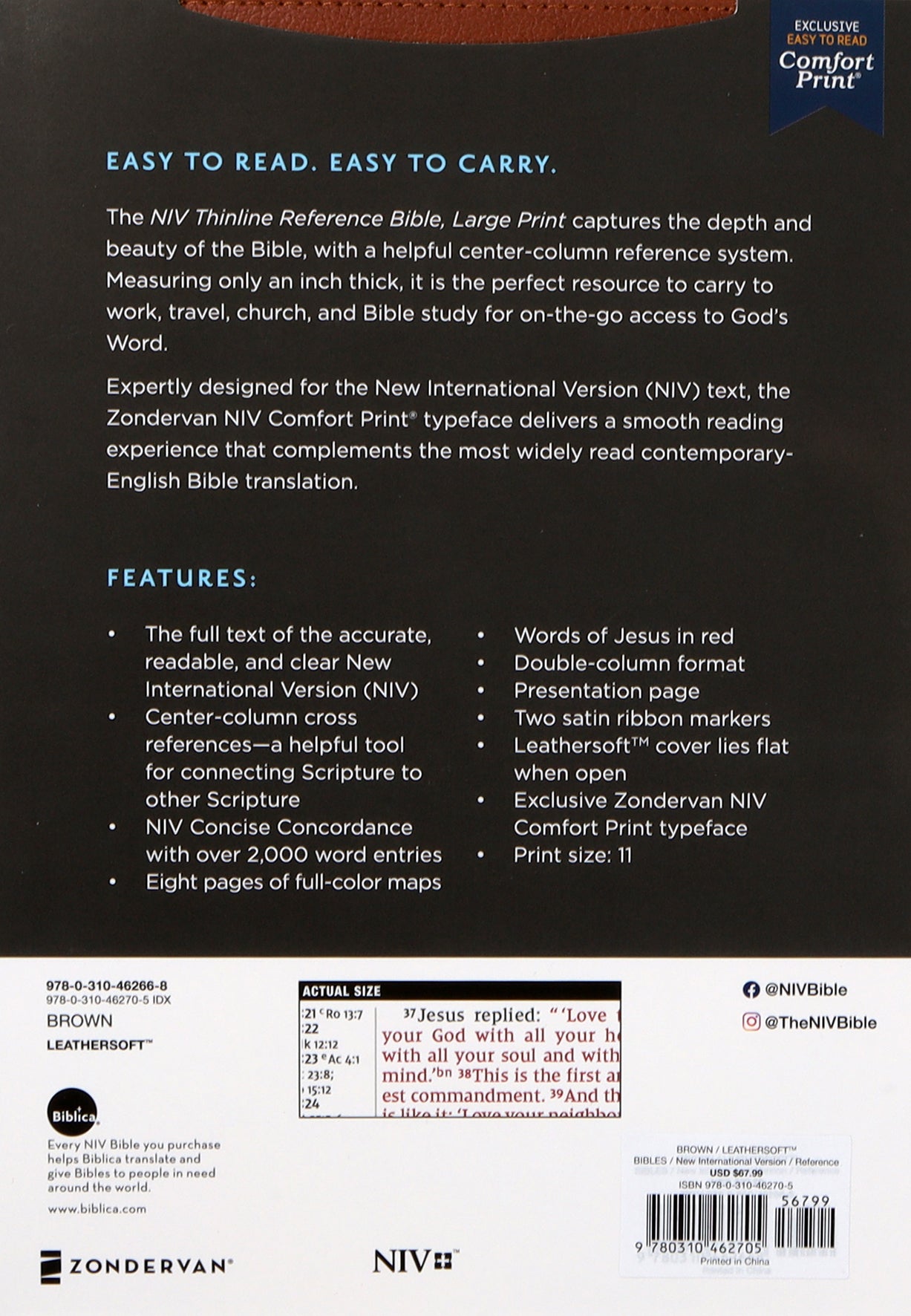 NIV Thinline Reference Bible Large Print Brown Thumb Indexed (Red Letter Edition)