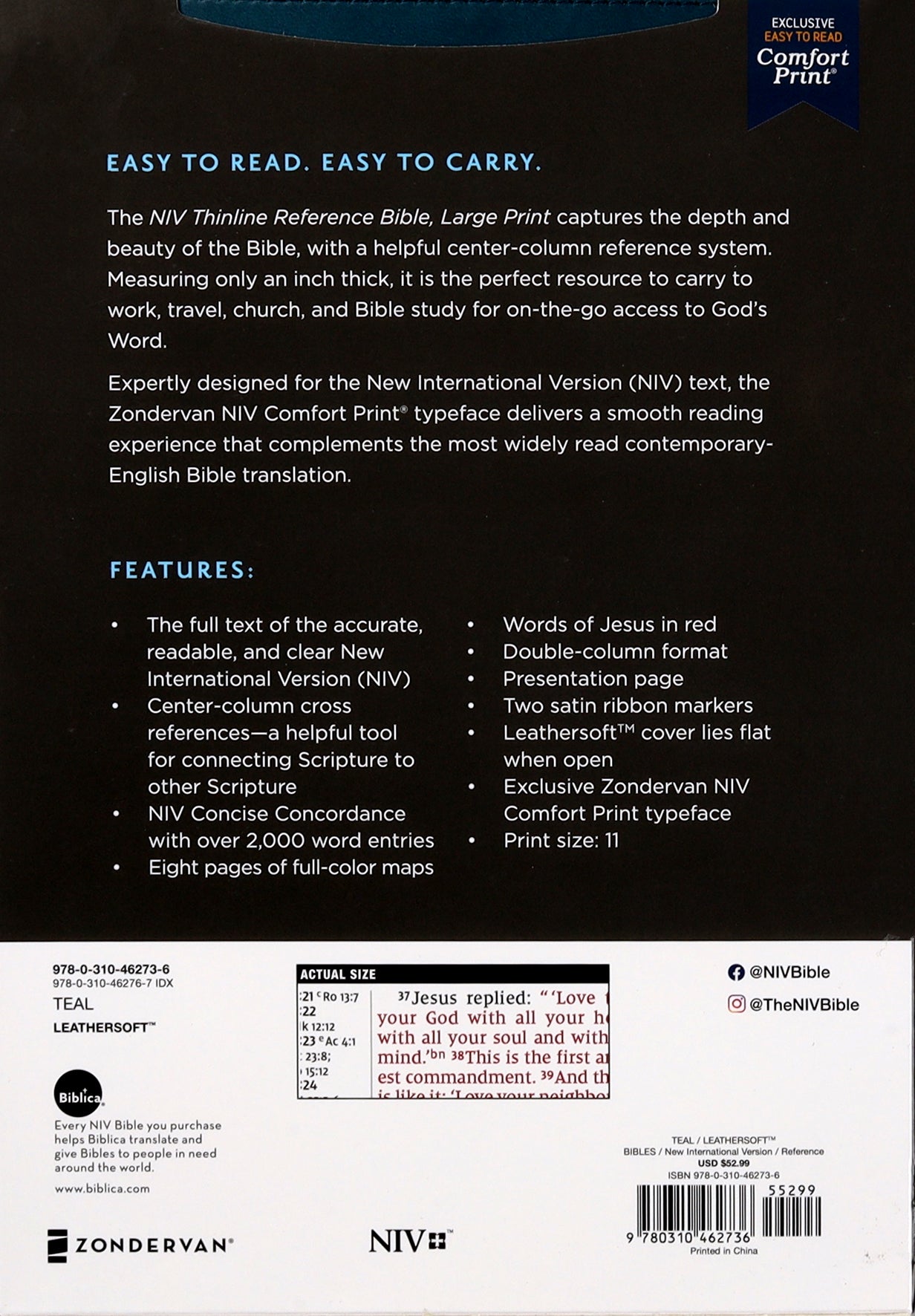 NIV Thinline Reference Bible Large Print Teal (Red Letter Edition)