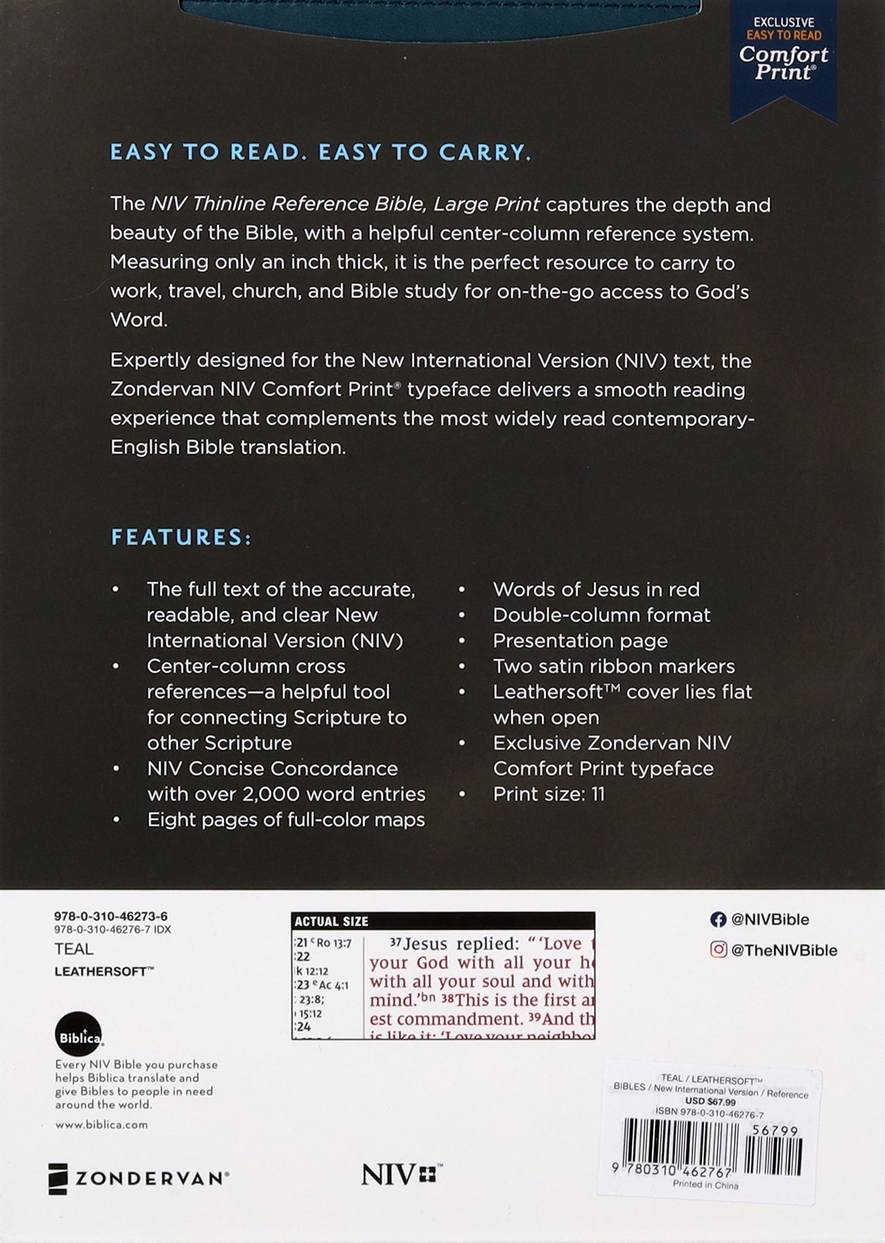 NIV Thinline Reference Bible Large Print Teal Thumb Indexed (Red Letter Edition)