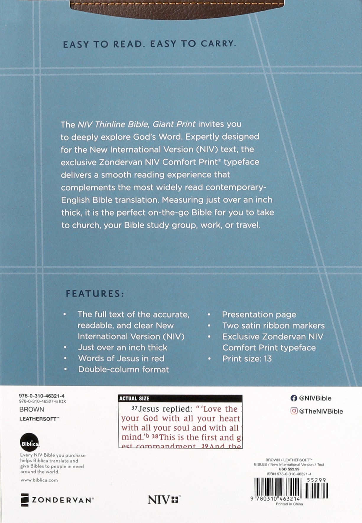NIV Thinline Bible Giant Print Brown (Red Letter Edition)
