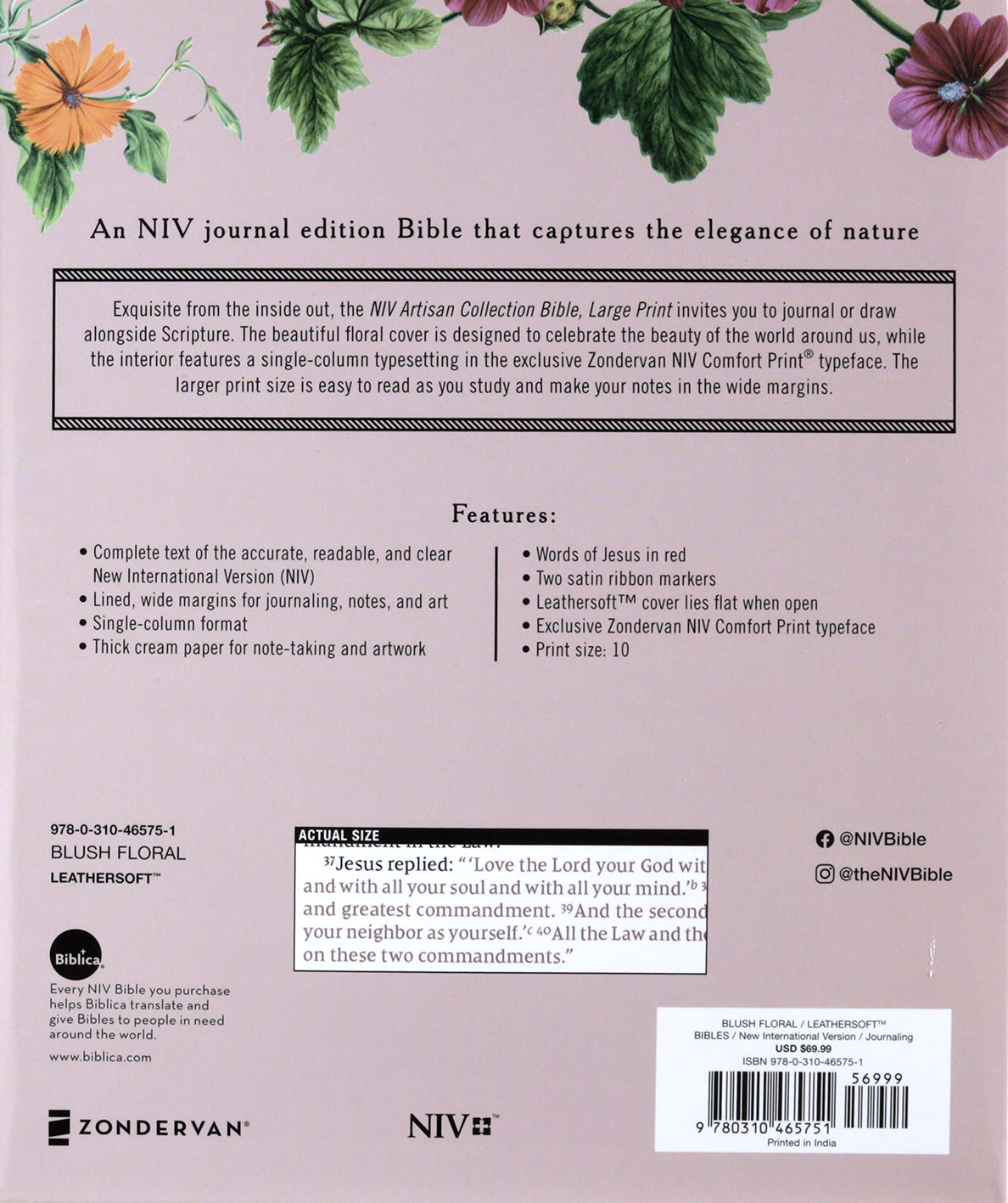 NIV, Artisan Collection Bible, Large Print, Blush Floral (Red Letter Edition)