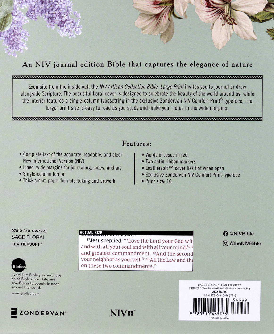 NIV, Artisan Collection Bible, Large Print, Sage Floral (Red Letter Edition)