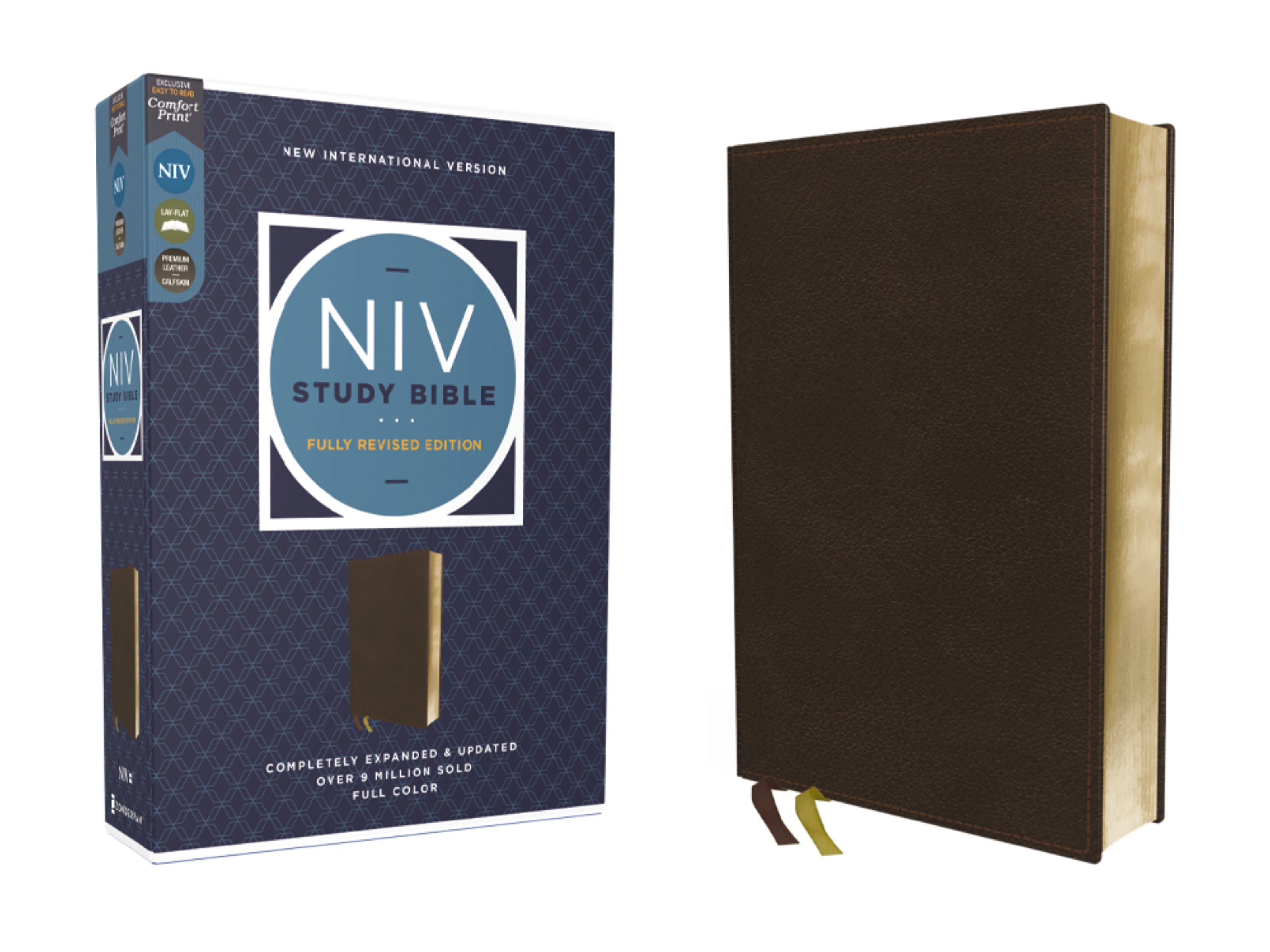 NIV Study Bible Fully Revised Edition (Study Deeply. Believe Wholeheartedly), Genuine Leather, Calfskin, Brown ( Red Letter Edition)