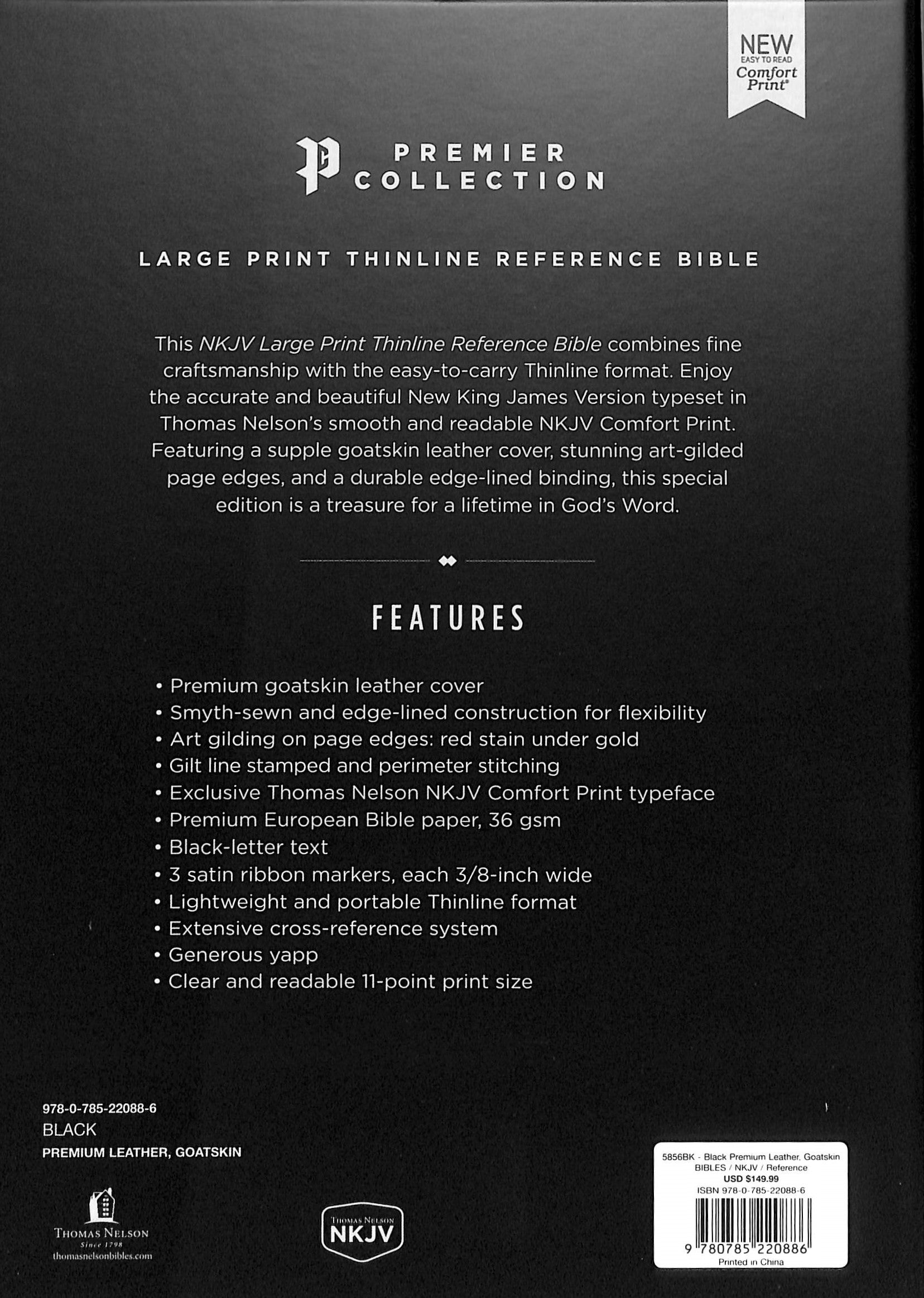 NKJV Thinline Reference Bible Large Print Black Premier Collection (Black Letter Edition)
