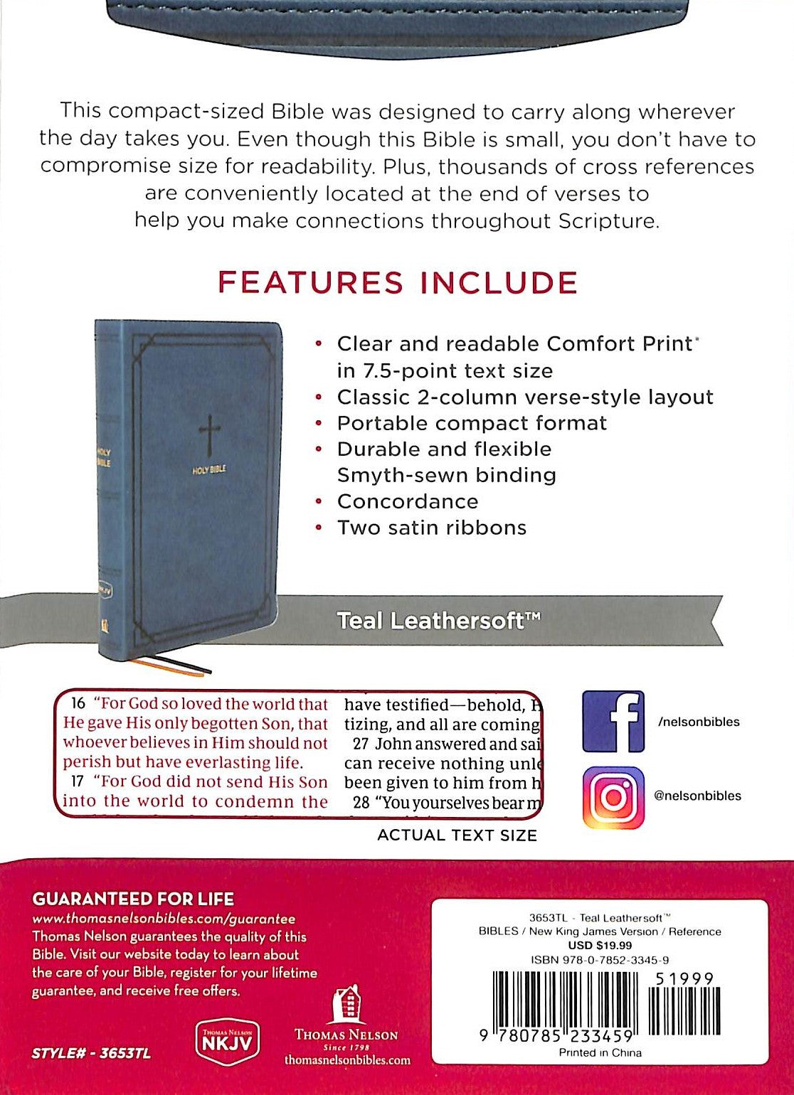 NKJV End-Of-Verse Reference Compact Bible, Teal (Red Letter Edition)