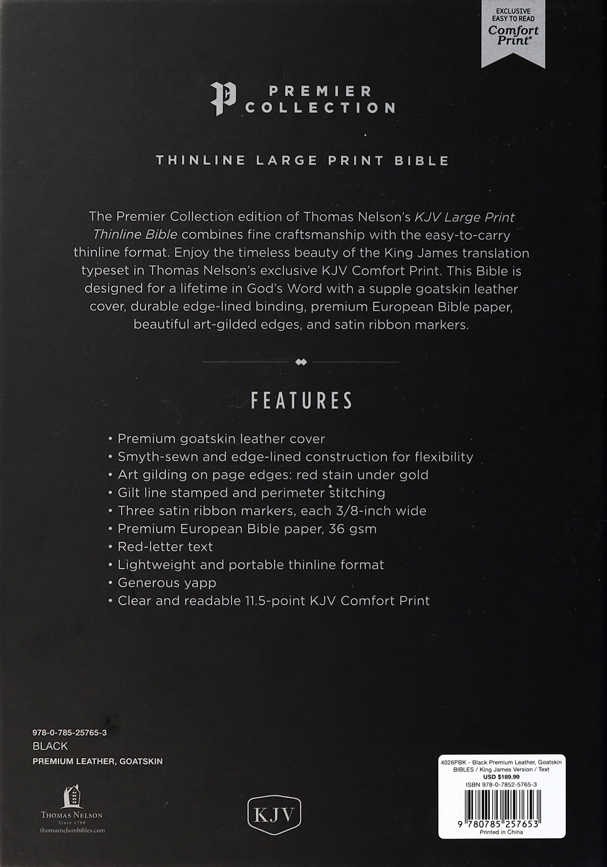 KJV Thinline Bible Large Print Premium Goatskin Leather Black Premier Collection (Red Letter Edition)