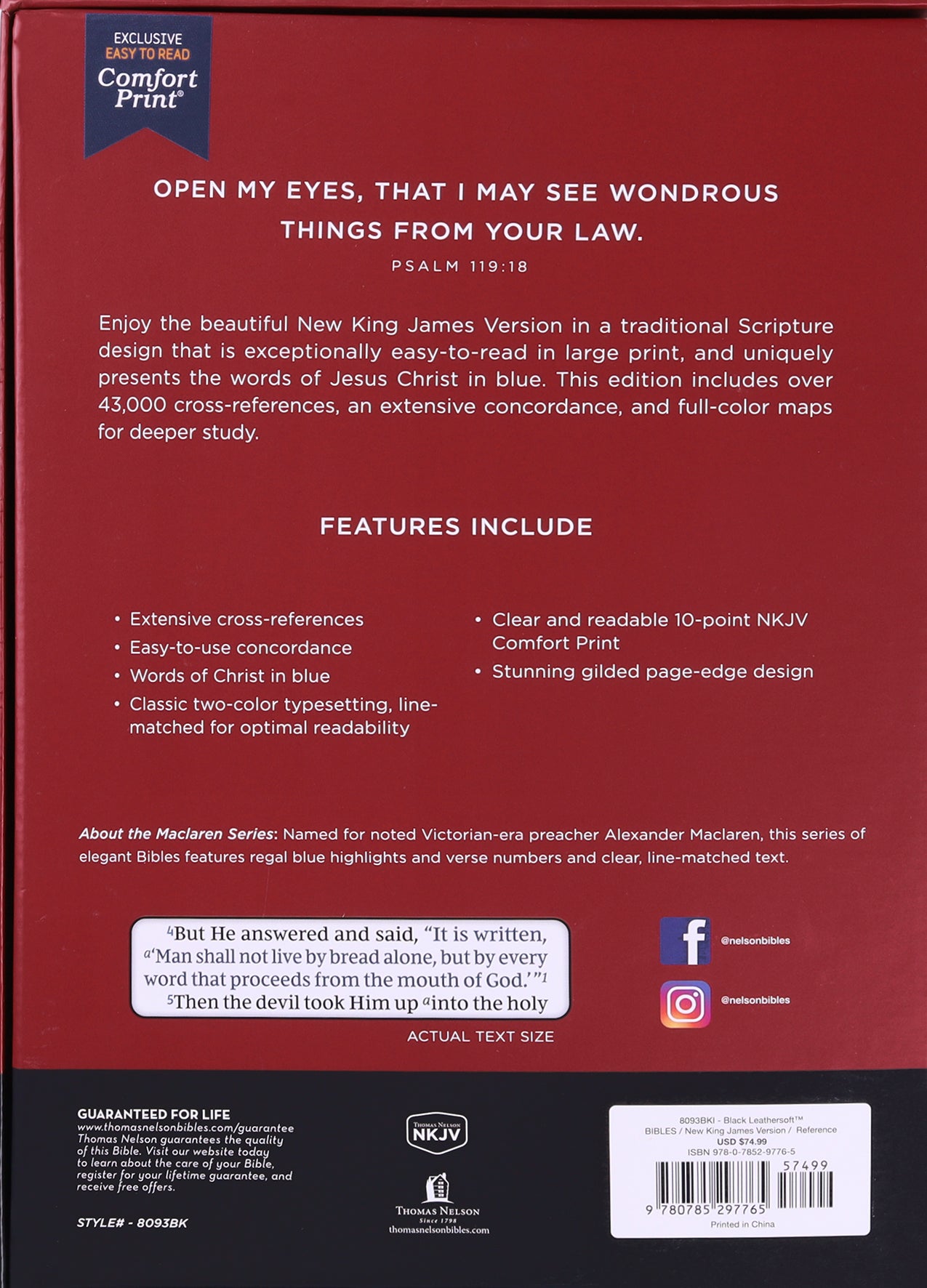 NKJV Large Print Thinline Reference Bible Maclaren Series Black Thumb Indexed (Blue Letter Edition- Colorblind Friendly)