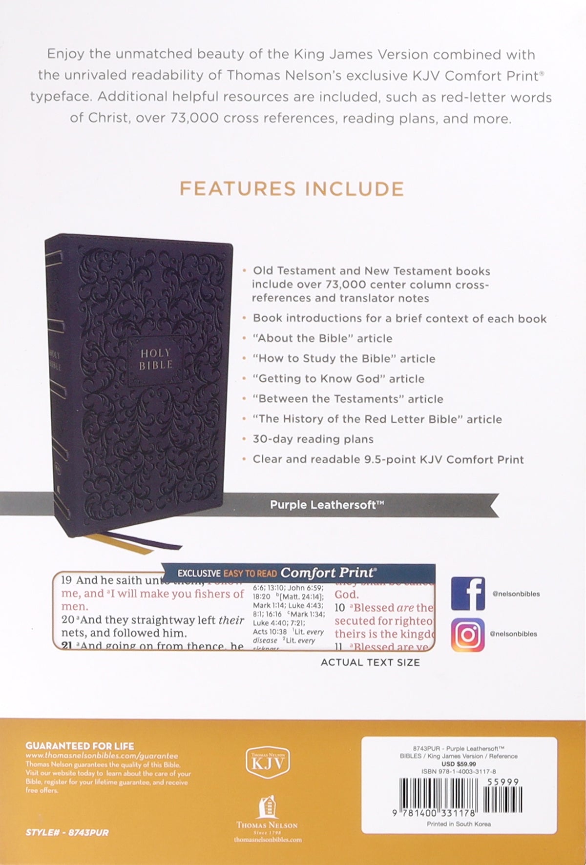 KJV Holy Bible Center-Column Reference Bible Purple (Red Letter Edition)