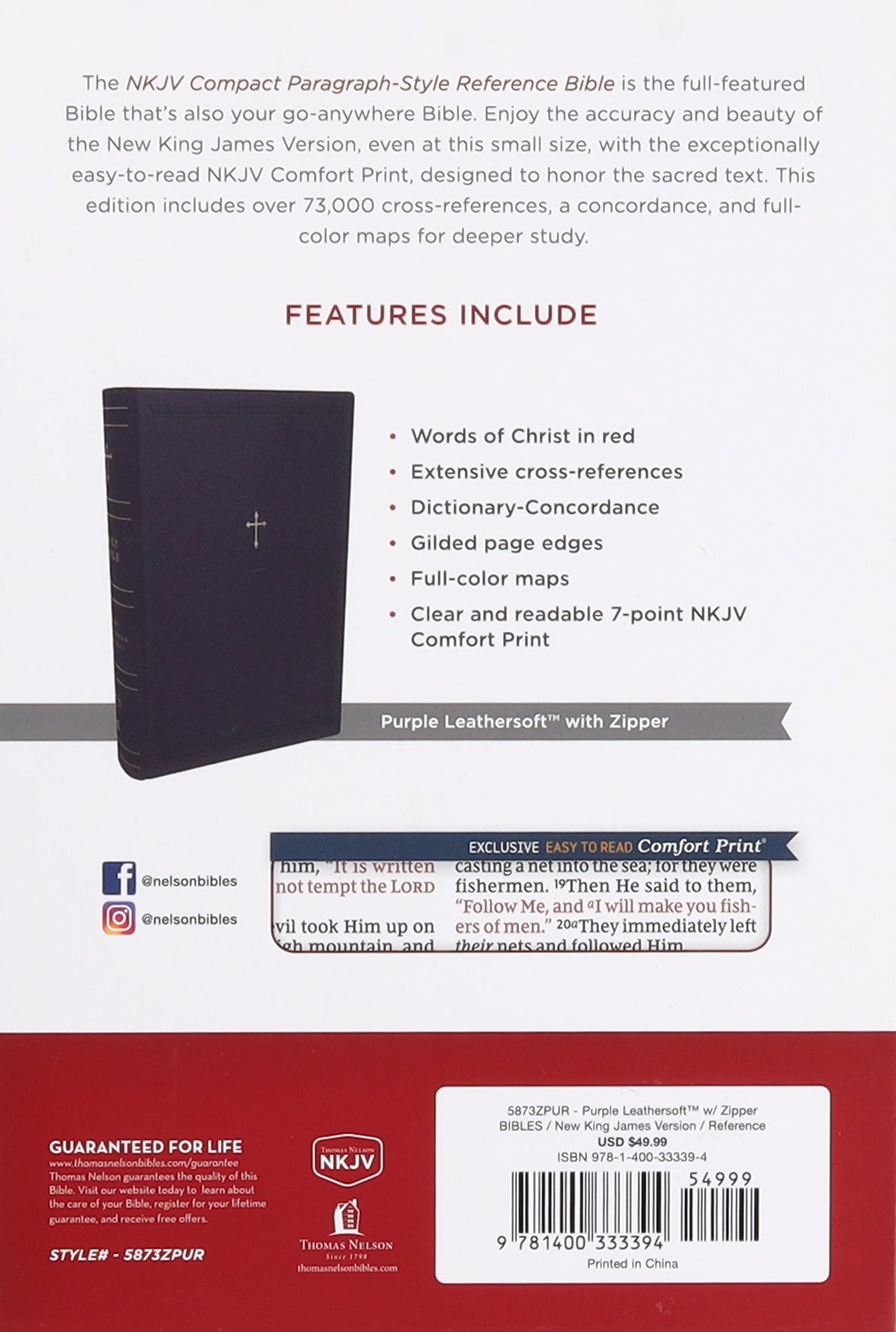 NKJV Compact Paragraph-Style Reference Bible Purple With Zipper (Red Letter Edition)