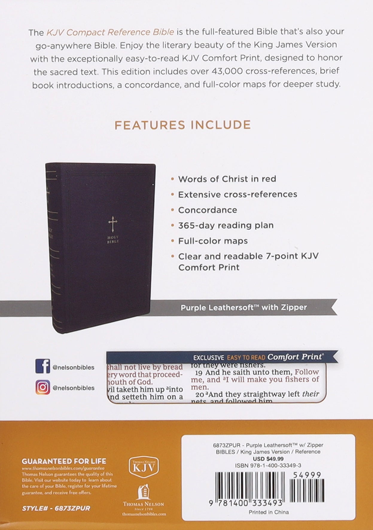 KJV Holy Bible Compact Reference Bible Purple With Zipper (Red Letter Edition)