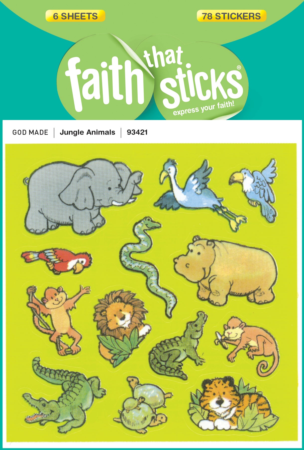 Jungle Animals (6 Sheets, 78 Stickers) (Stickers Faith That Sticks Series)