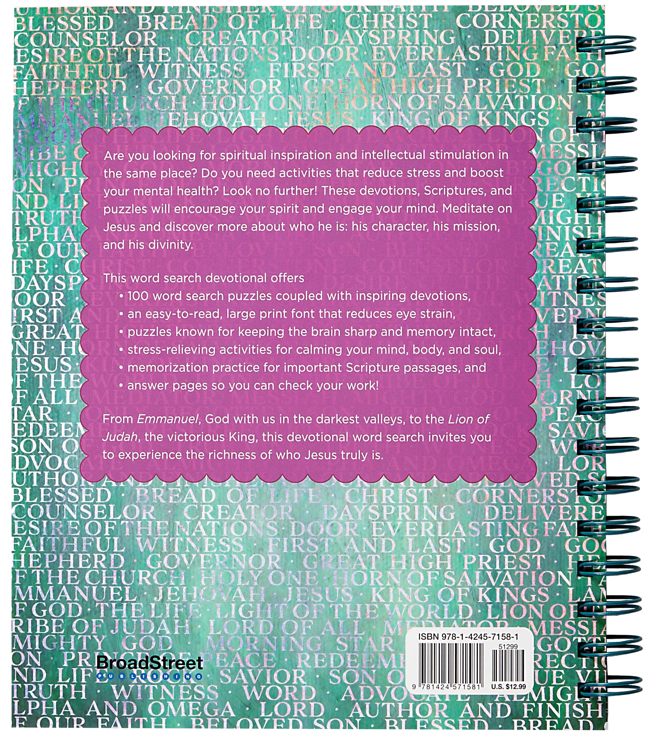 Bible Word Search Devotional: 100 Meditations on the Names of Jesus (Large Print)