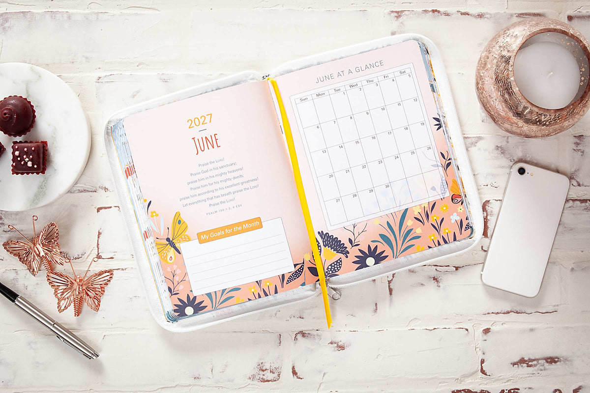 2027 12-Month Weekly Diary/Planner: The Lord is My Strength (White Butterfly, Zippered)
