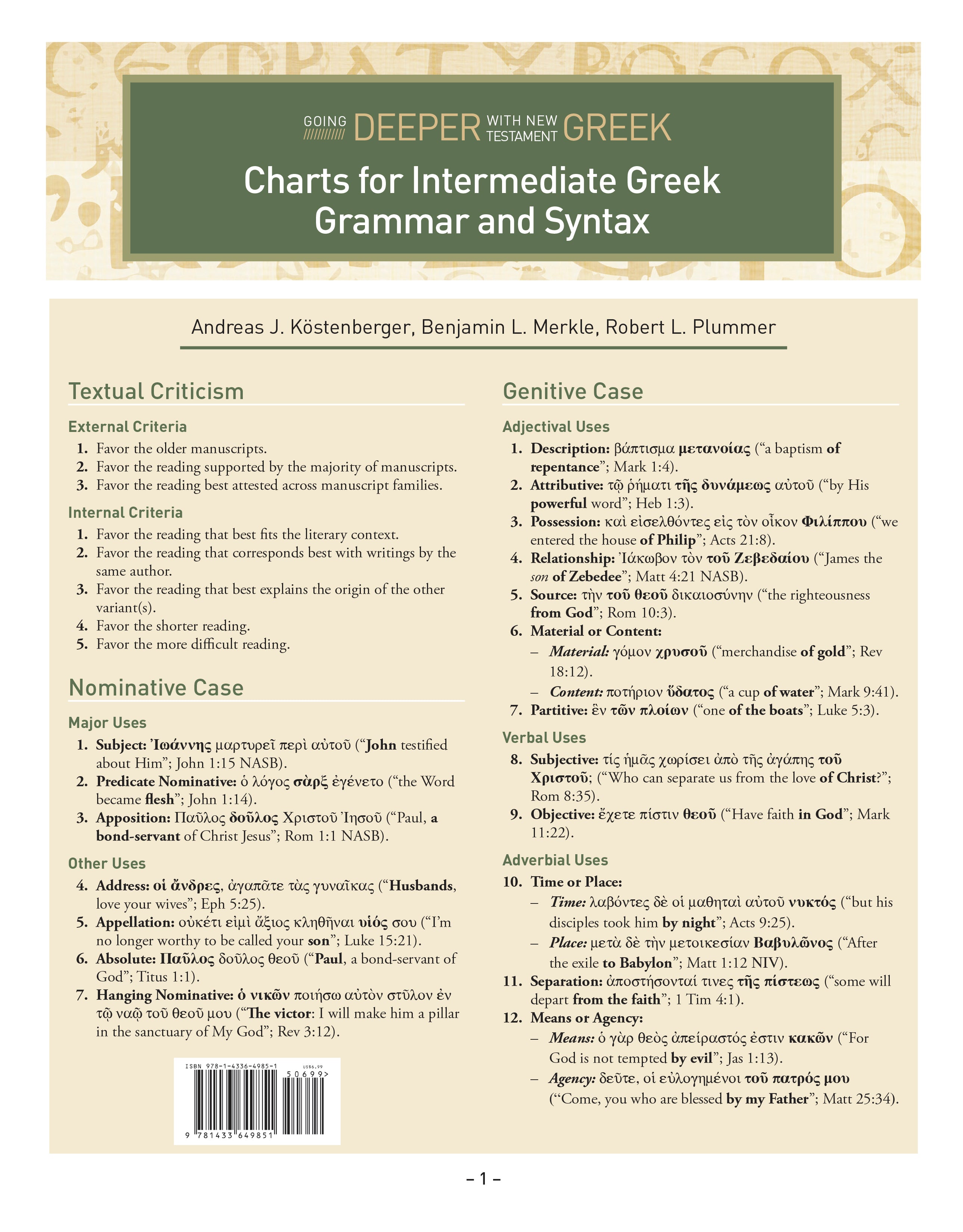 Charts For Intermediate Greek Grammar and Syntax: A Quick Reference Guide to Going Deeper With New Testament Greek