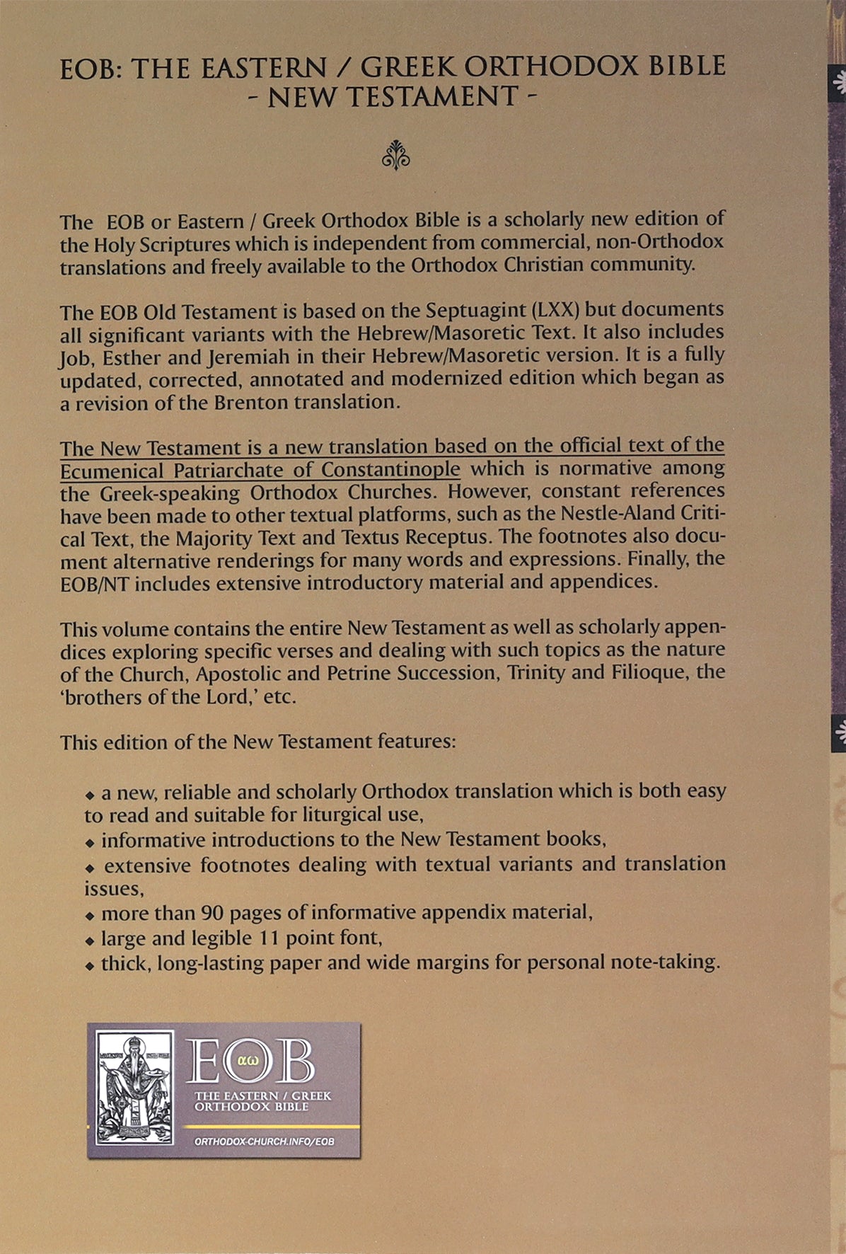 Eob the Eastern Greek Orthodox New Testament: Based on the Patriarchal Text of 1904 With Extensive Variants