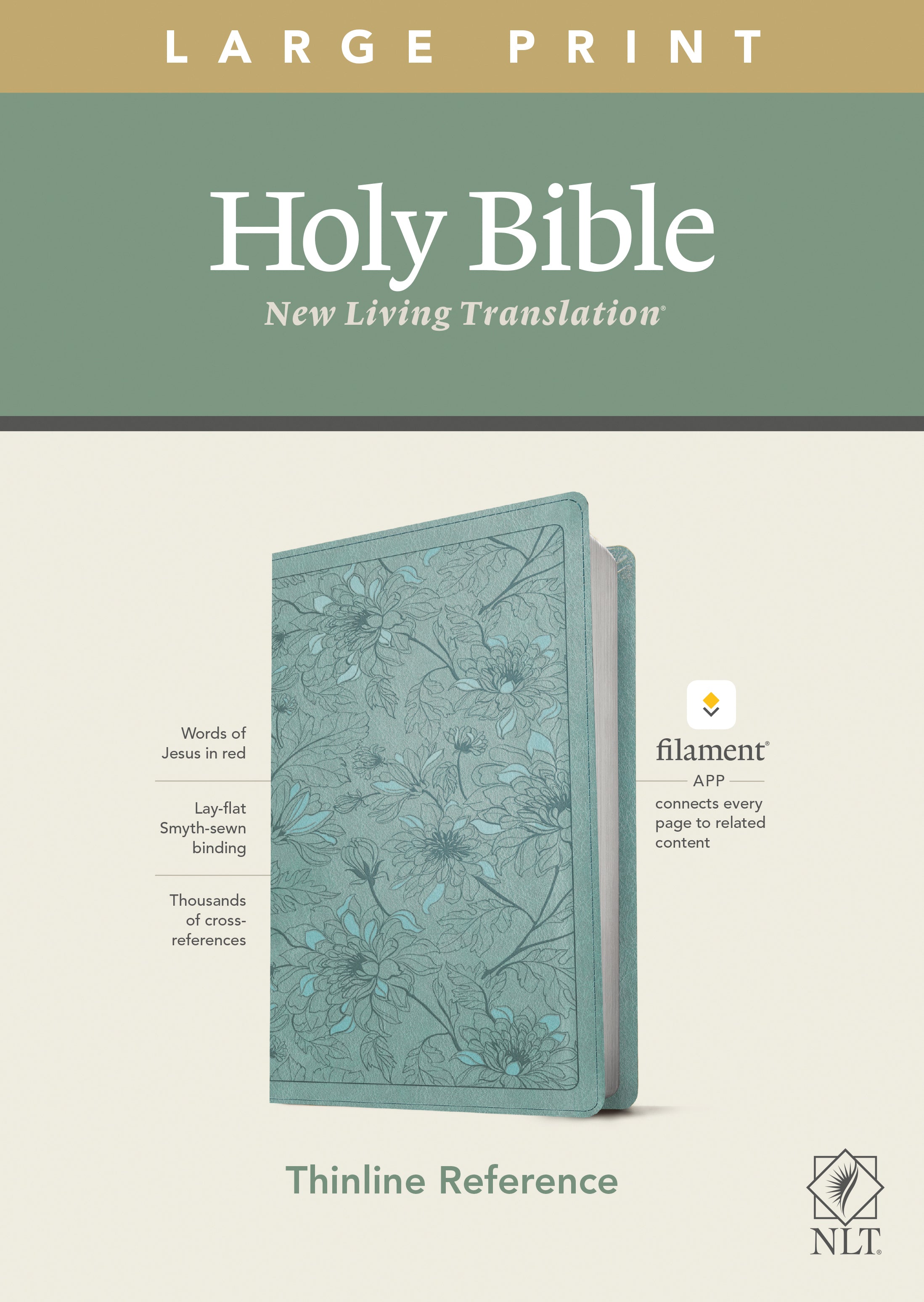 NLT Large Print Thinline Reference Bible Floral Leaf Teal Red Letter (Filament Enabled Edition)