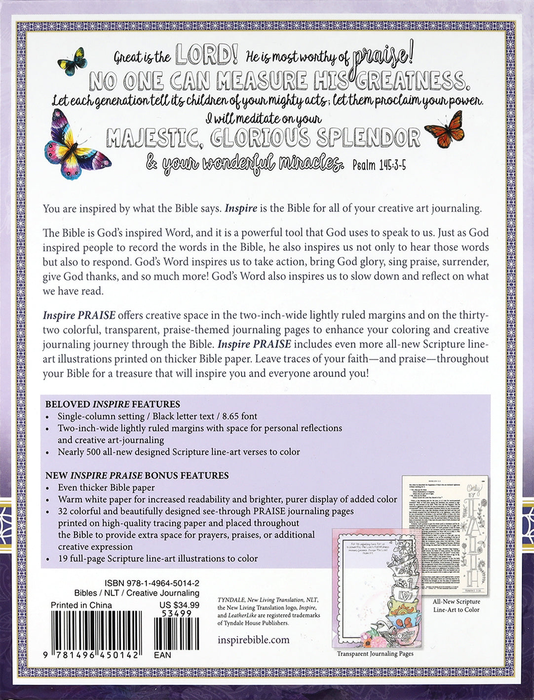 NLT Inspire Praise Bible Purple Garden