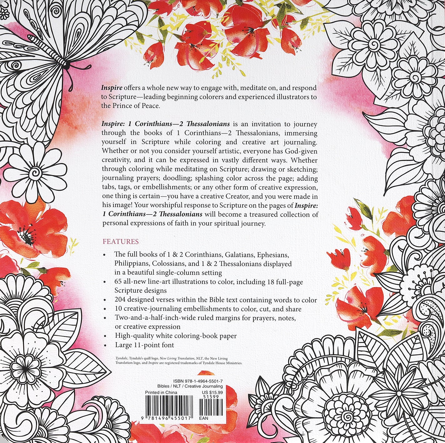 NLT Inspire 1 Corinthians - 2 Thessalonians Coloring and Creative Journaling