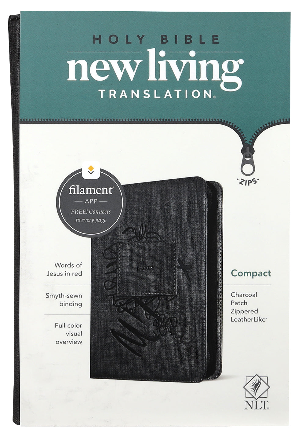NLT Compact Zipper Bible Filament Enabled Edition Charcoal Patch (Red Letter Edition)