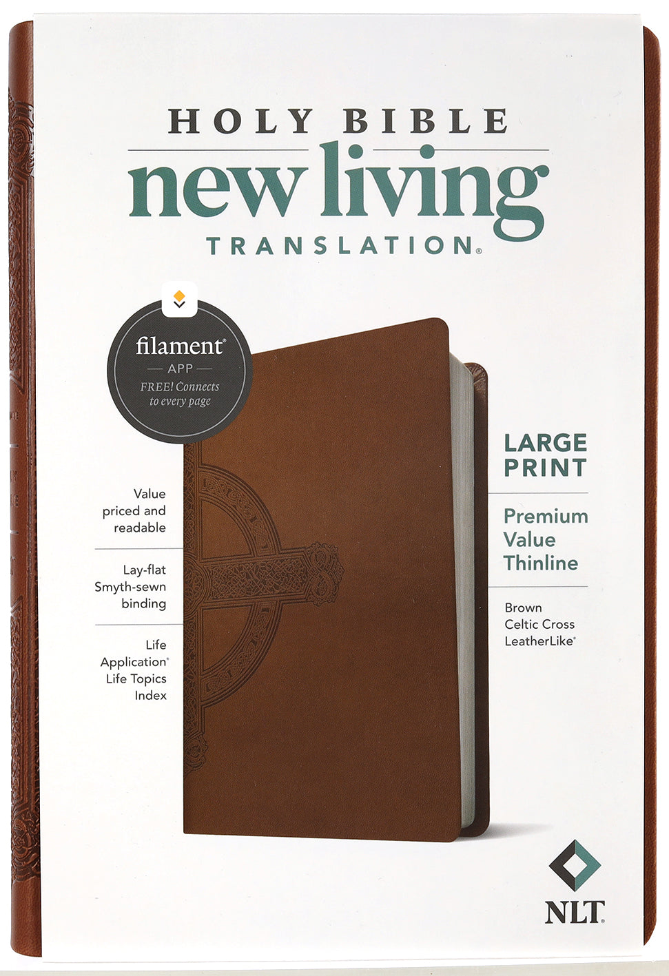 NLT Large Print Premium Value Thinline Bible Filament Enabled Edition Brown Celtic Cross