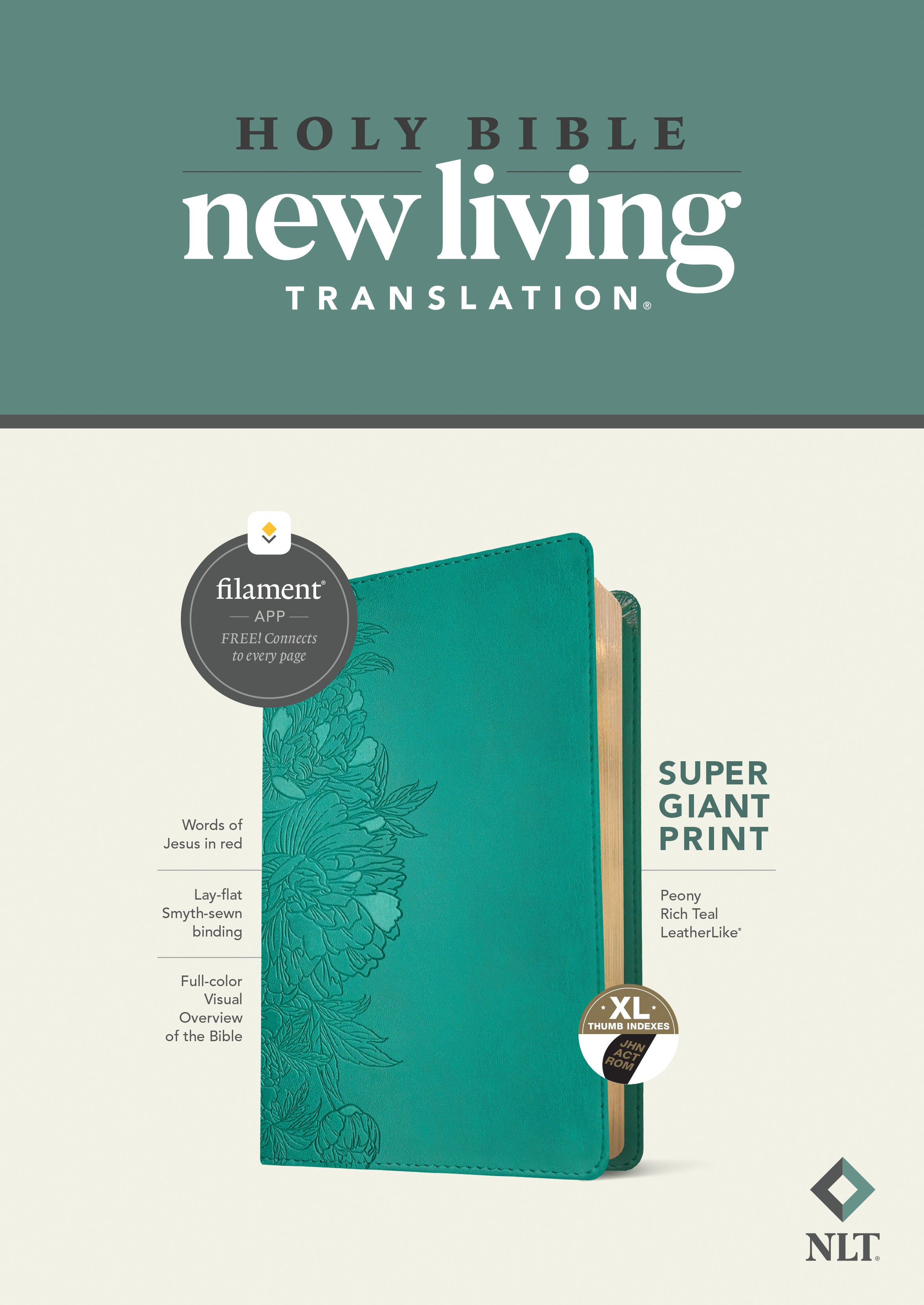 NLT Super Giant Print Bible Filament Enabled Edition Peony Rich Teal Indexed (Red Letter Edition)
