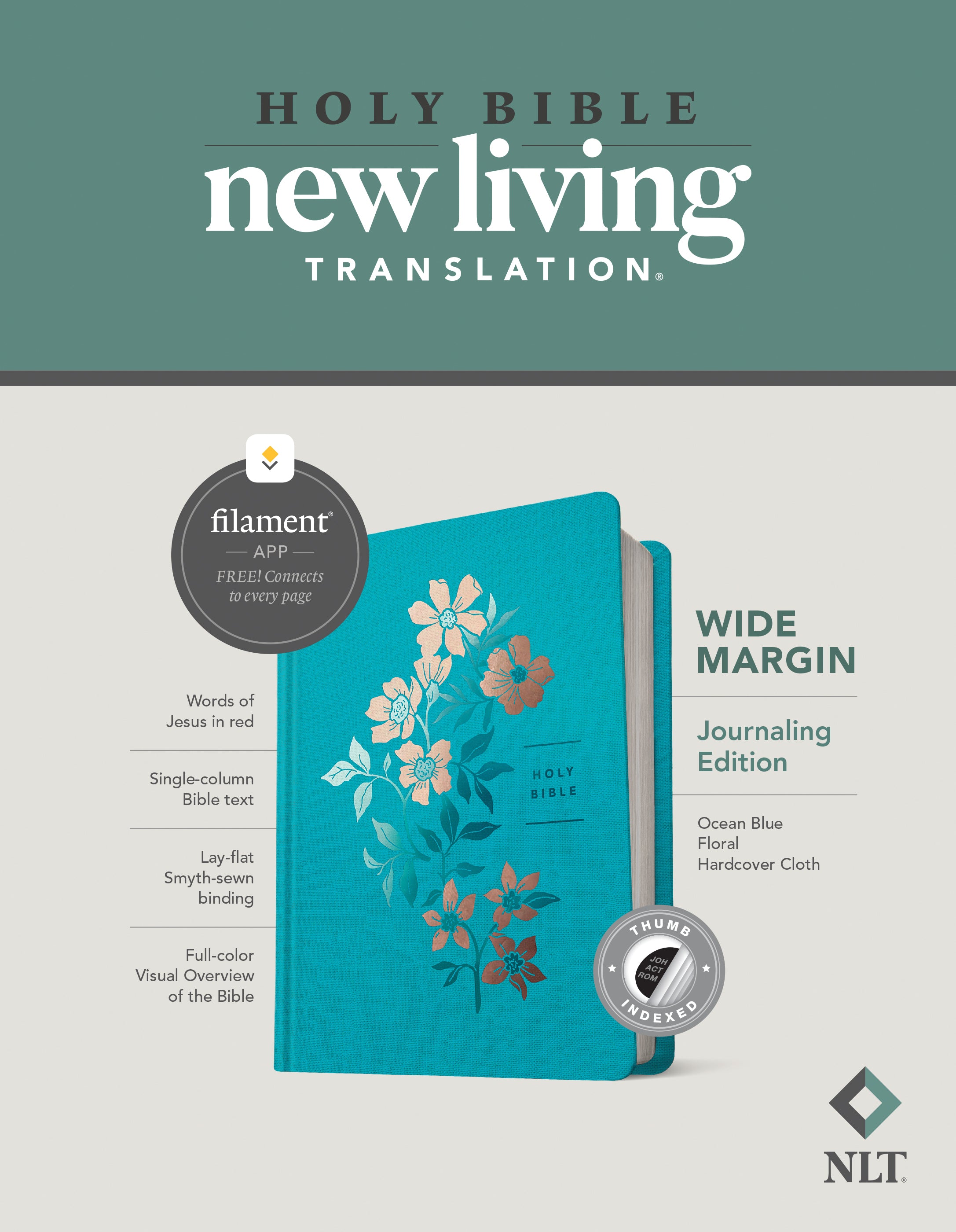 NLT Wide Margin Bible Filament Enabled Edition Ocean Blue Floral Indexed (Red Letter Edition)