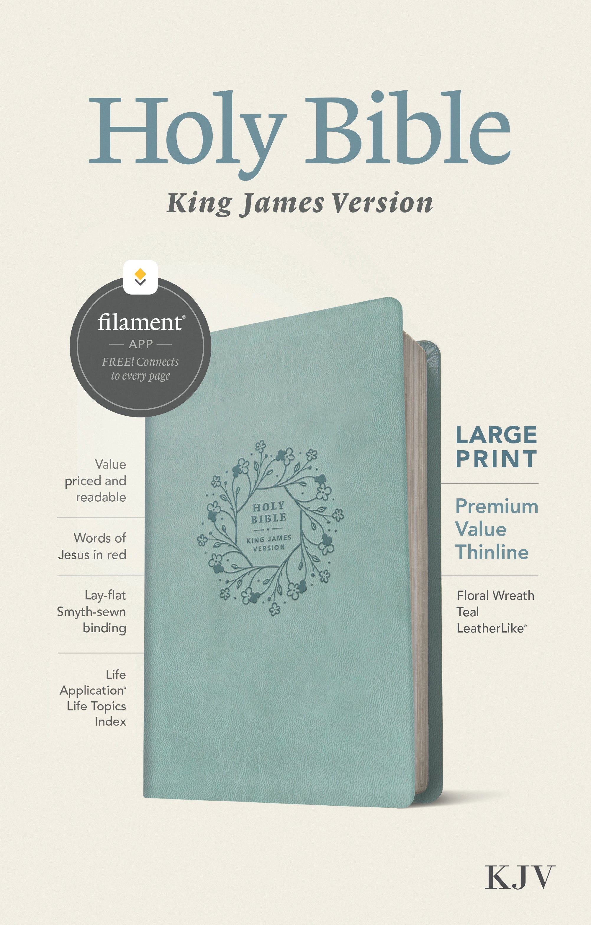 KJV Large Print Premium Value Thinline Bible Filament Enabled Edition Floral Wreath Teal (Red Letter Edition)