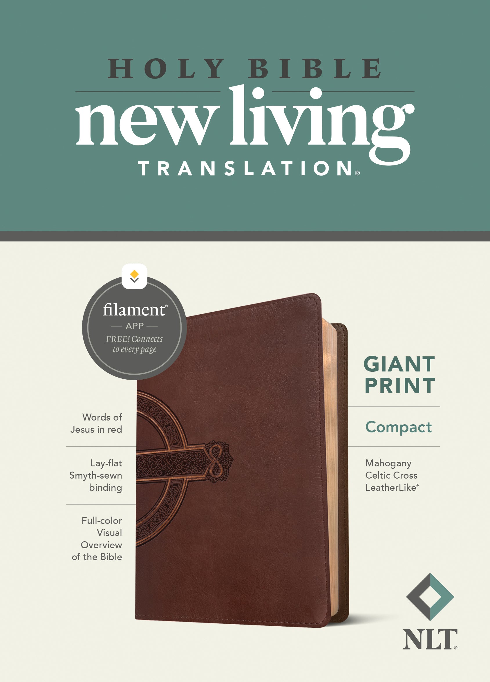 NLT Compact Giant Print Bible Filament Enabled Edition Mahogany Celtic Cross (Red Letter Edition)