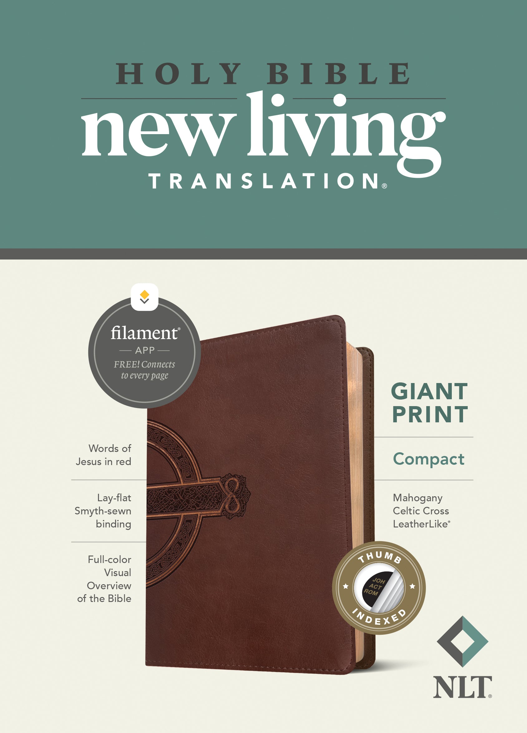 NLT Compact Giant Print Bible Filament Enabled Edition Mahogany Celtic Cross Indexed (Red Letter Edition)
