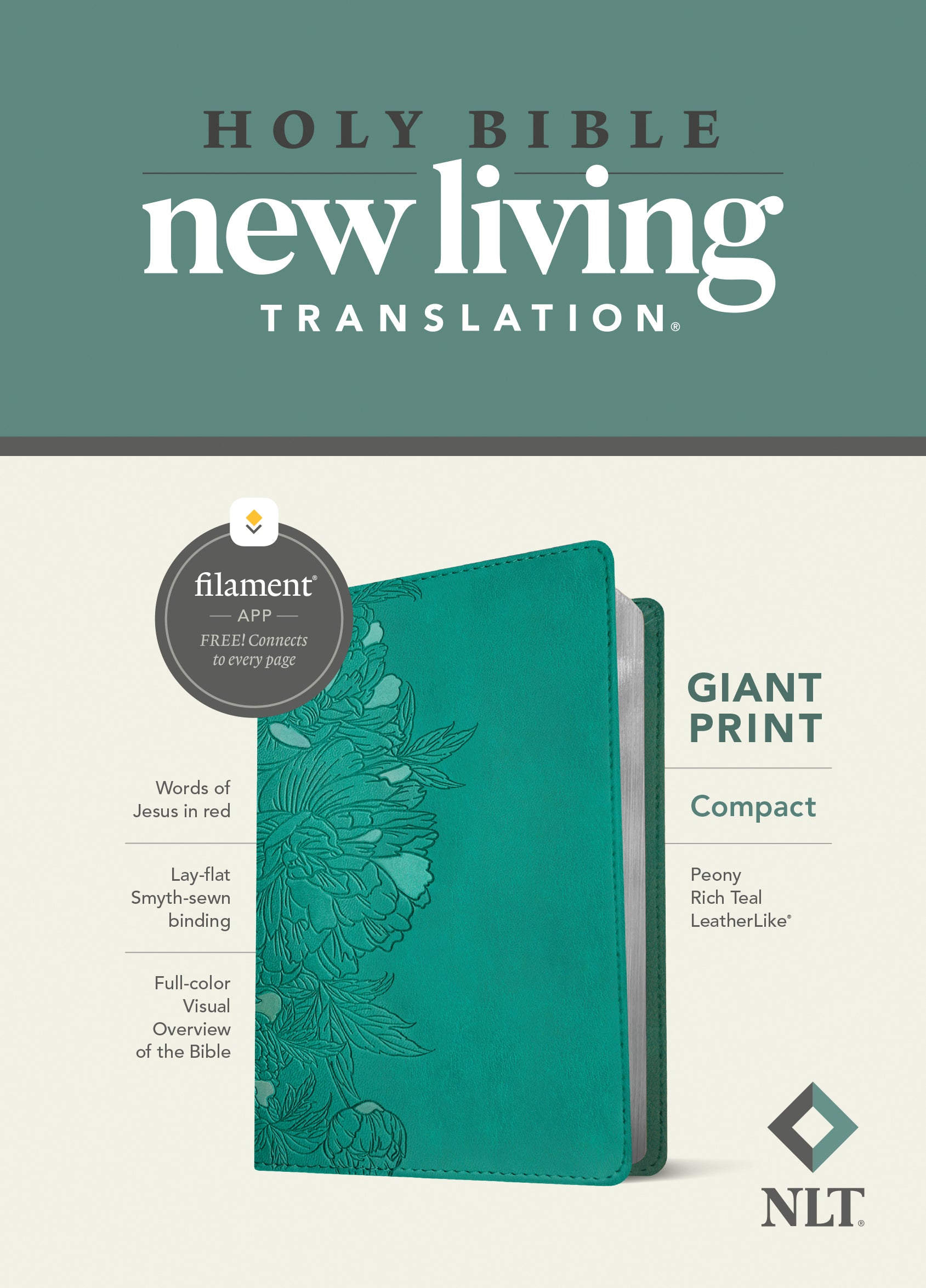 NLT Compact Giant Print Bible Filament Enabled Edition Peony Rich Teal (Red Letter Edition)