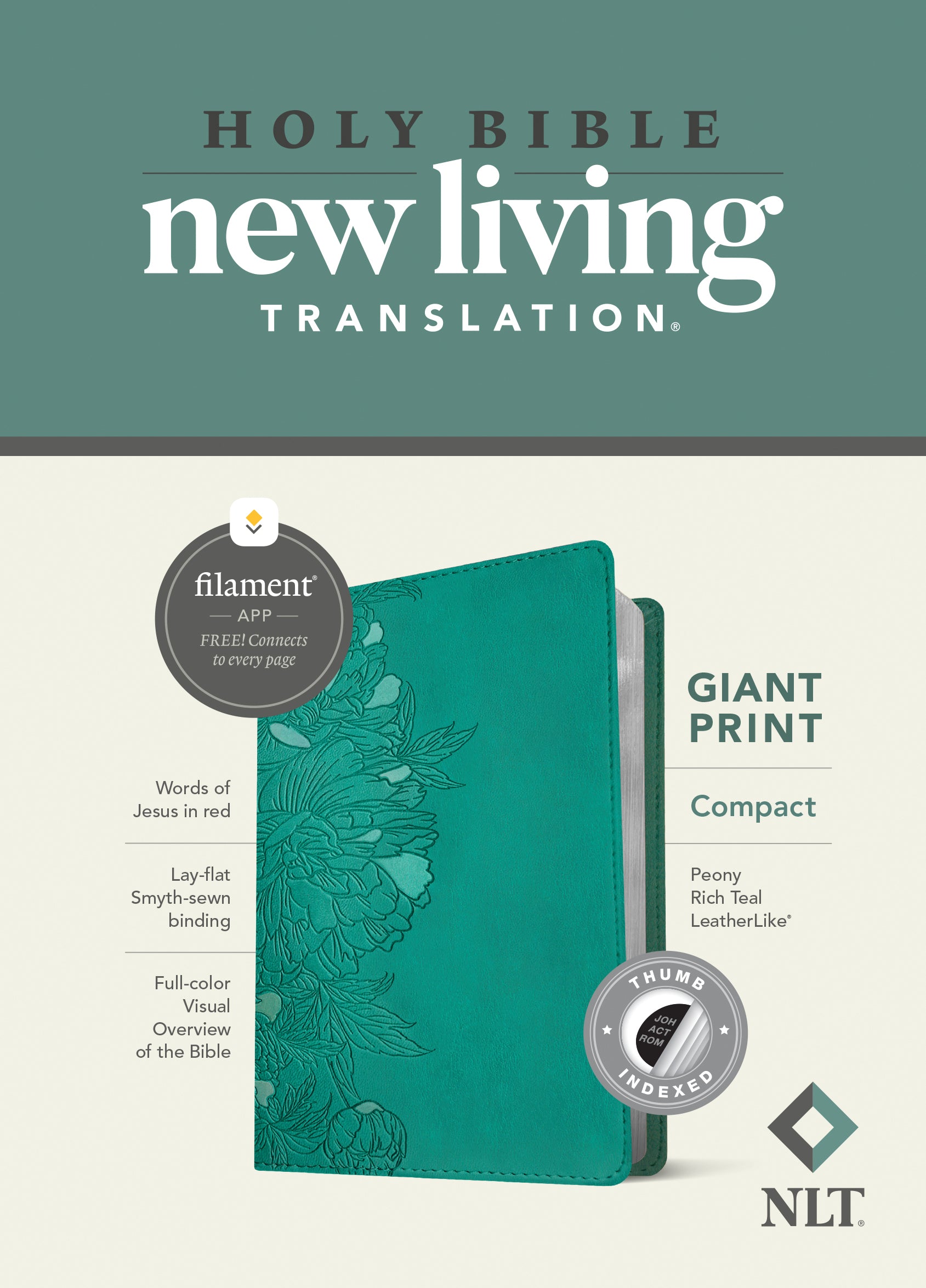 NLT Compact Giant Print Bible Filament Enabled Edition Peony Rich Teal Indexed (Red Letter Edition)
