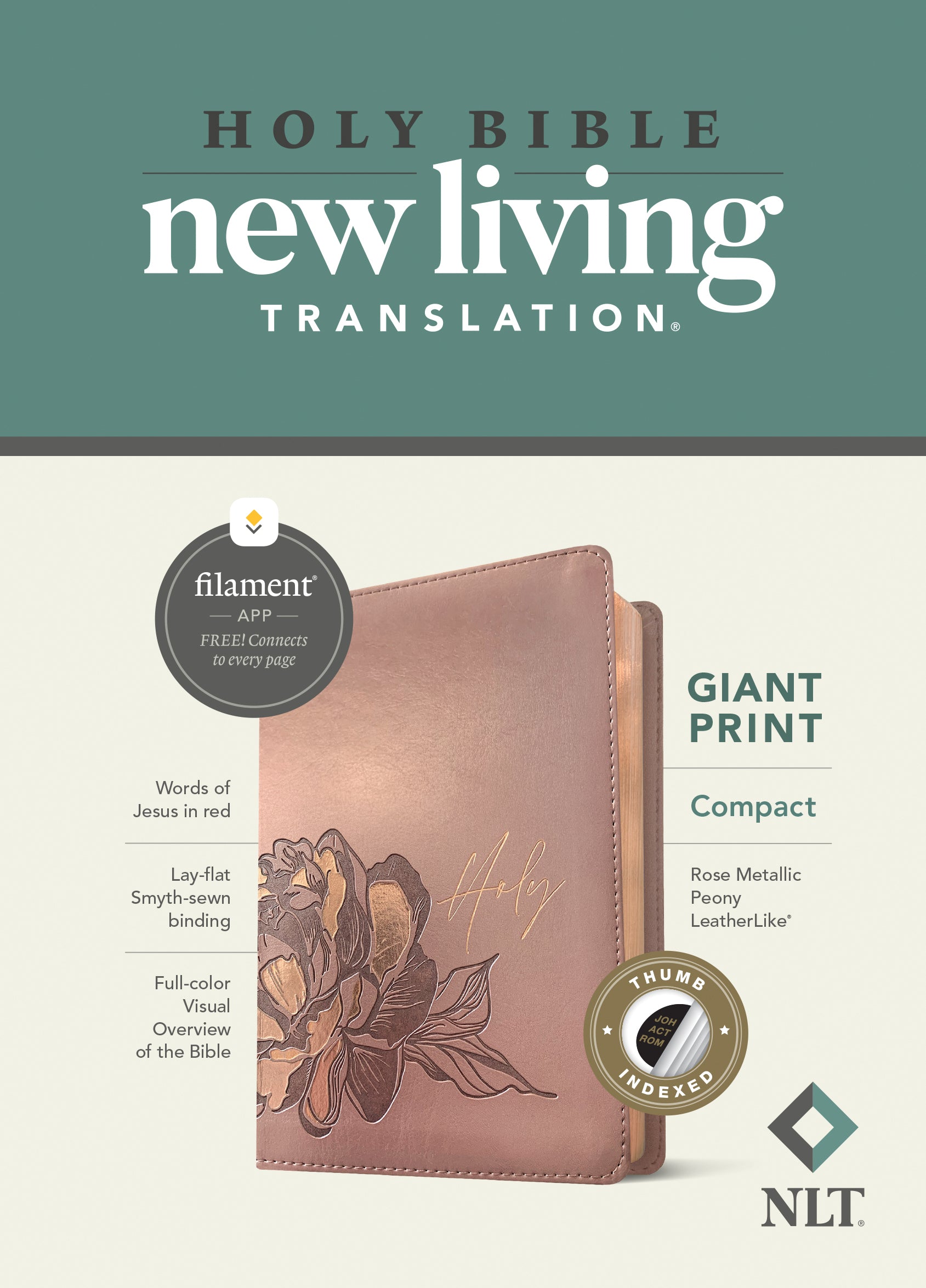 NLT Compact Giant Print Bible Filament Enabled Edition Rose Metallic Peony Indexed (Red Letter Edition)