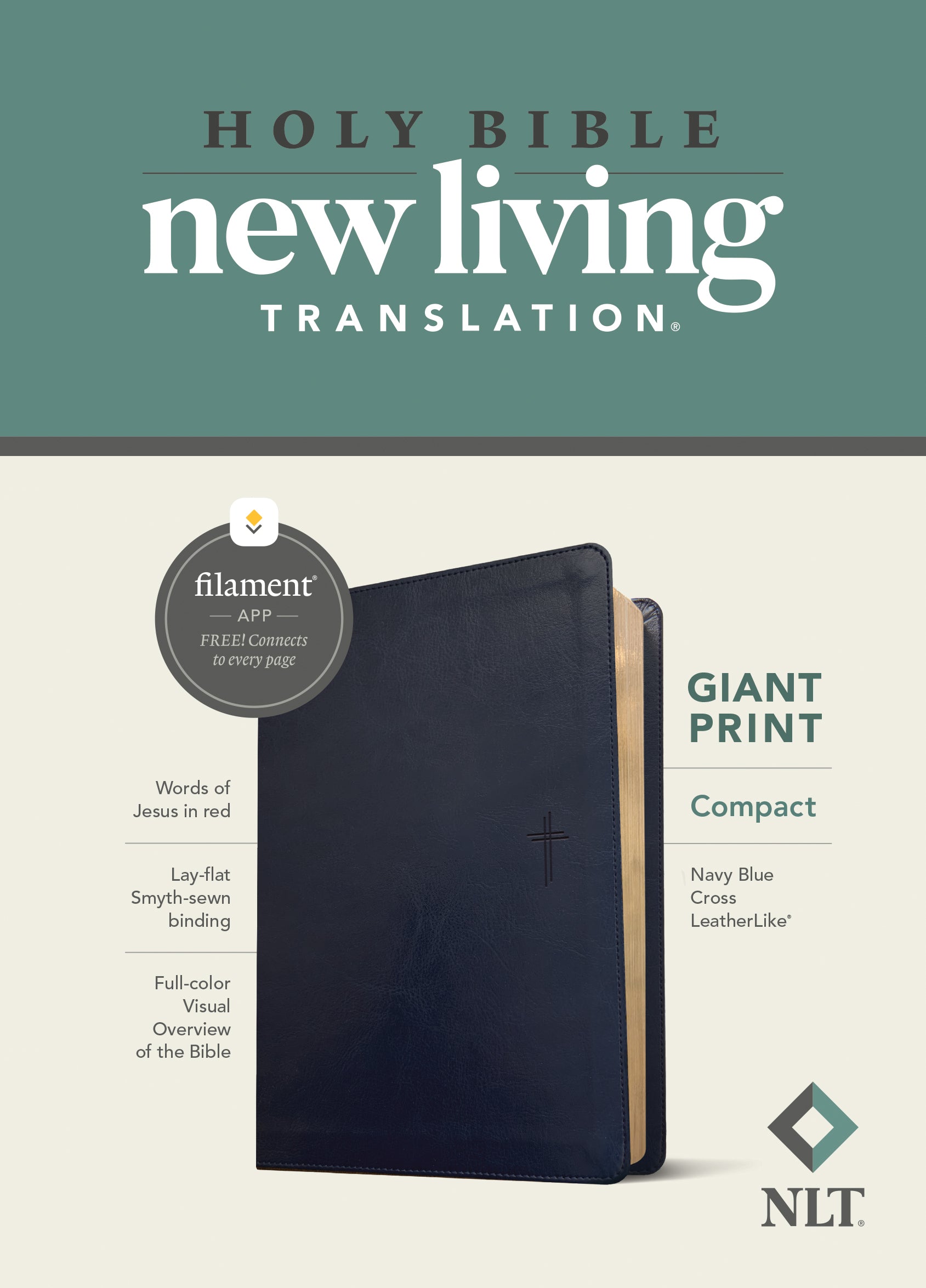 NLT Compact Giant Print Bible Filament Enabled Edition Navy Blue Cross (Red Letter Edition)
