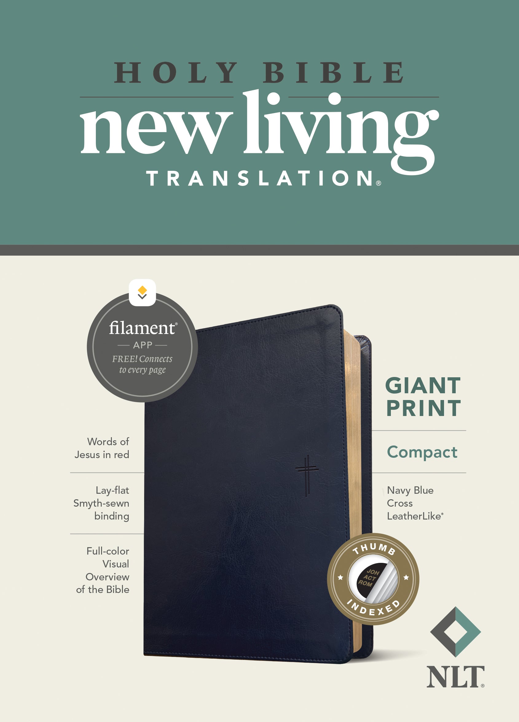 NLT Compact Giant Print Bible Filament Enabled Edition Navy Blue Cross Indexed (Red Letter Edition)