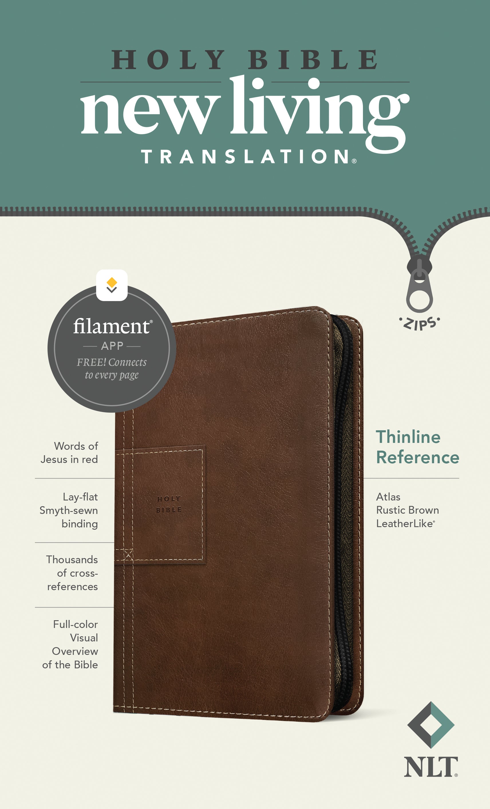 NLT Thinline Reference Zipper Bible Filament Enabled Edition Atlas Rustic Brown (Red Letter Edition)