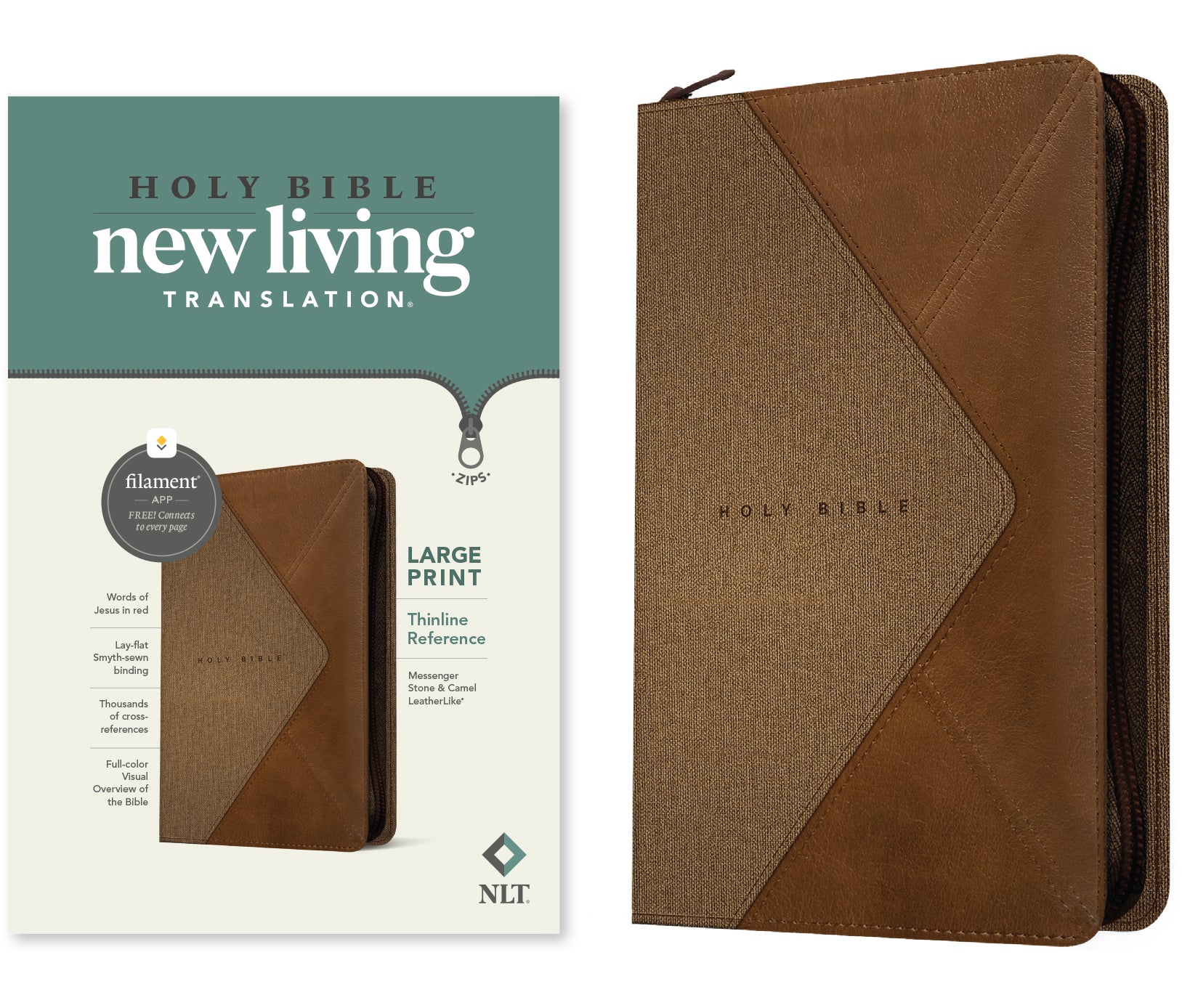 NLT Large Print Thinline Reference Zipper Bible Filament Enabled Edition Messenger Stone/Camel (Red Letter Edition)