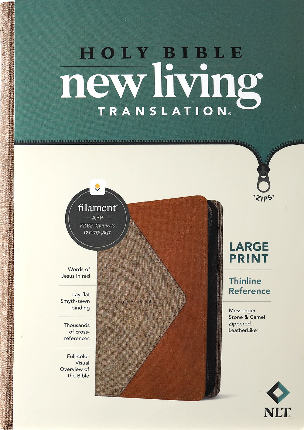 NLT Large Print Thinline Reference Zipper Bible Filament Enabled Edition Messenger Stone/Camel (Red Letter Edition)