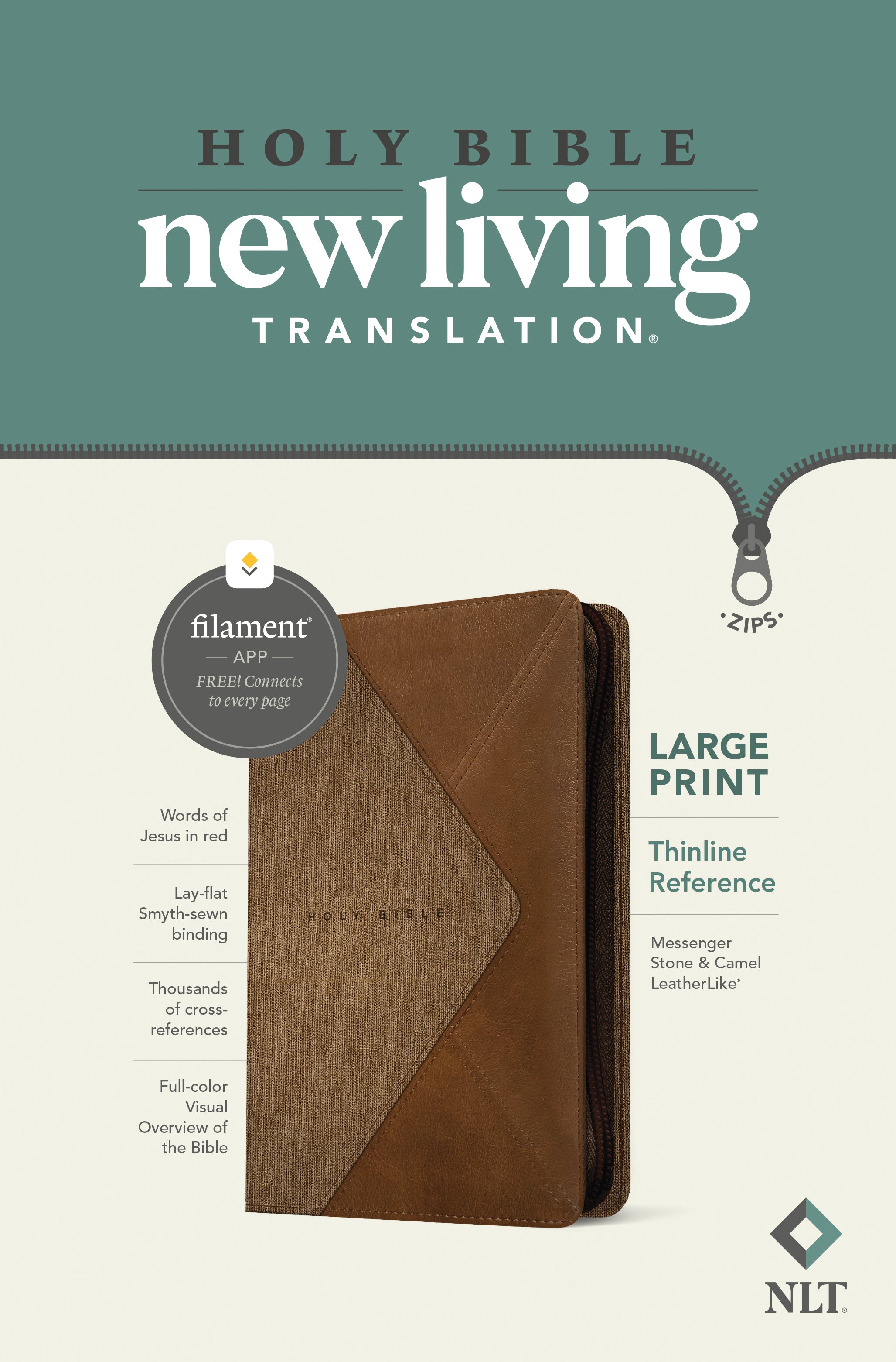 NLT Large Print Thinline Reference Zipper Bible Filament Enabled Edition Messenger Stone/Camel (Red Letter Edition)