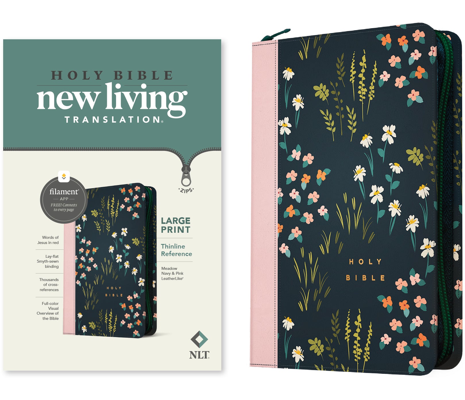 NLT Large Print Thinline Reference Zipper Bible Filament Enabled Edition Meadow Navy/Pink (Red Letter Edition)